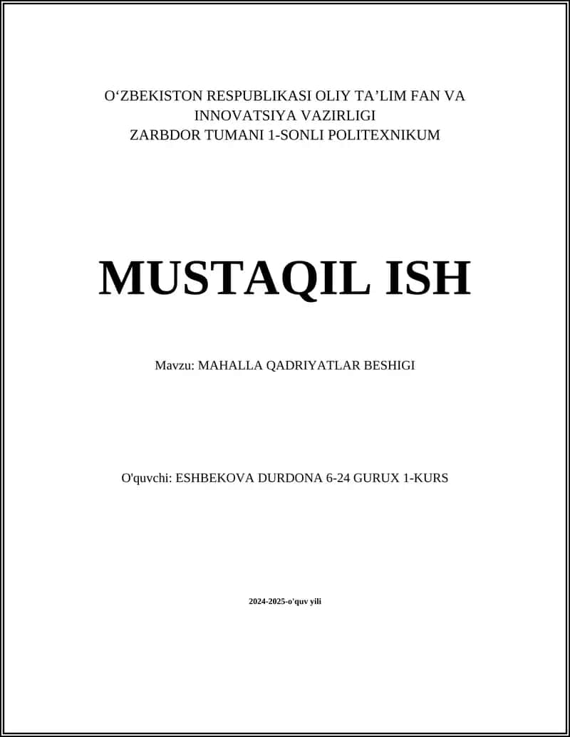 MAHALLA QADRIYATLAR BESHIGI