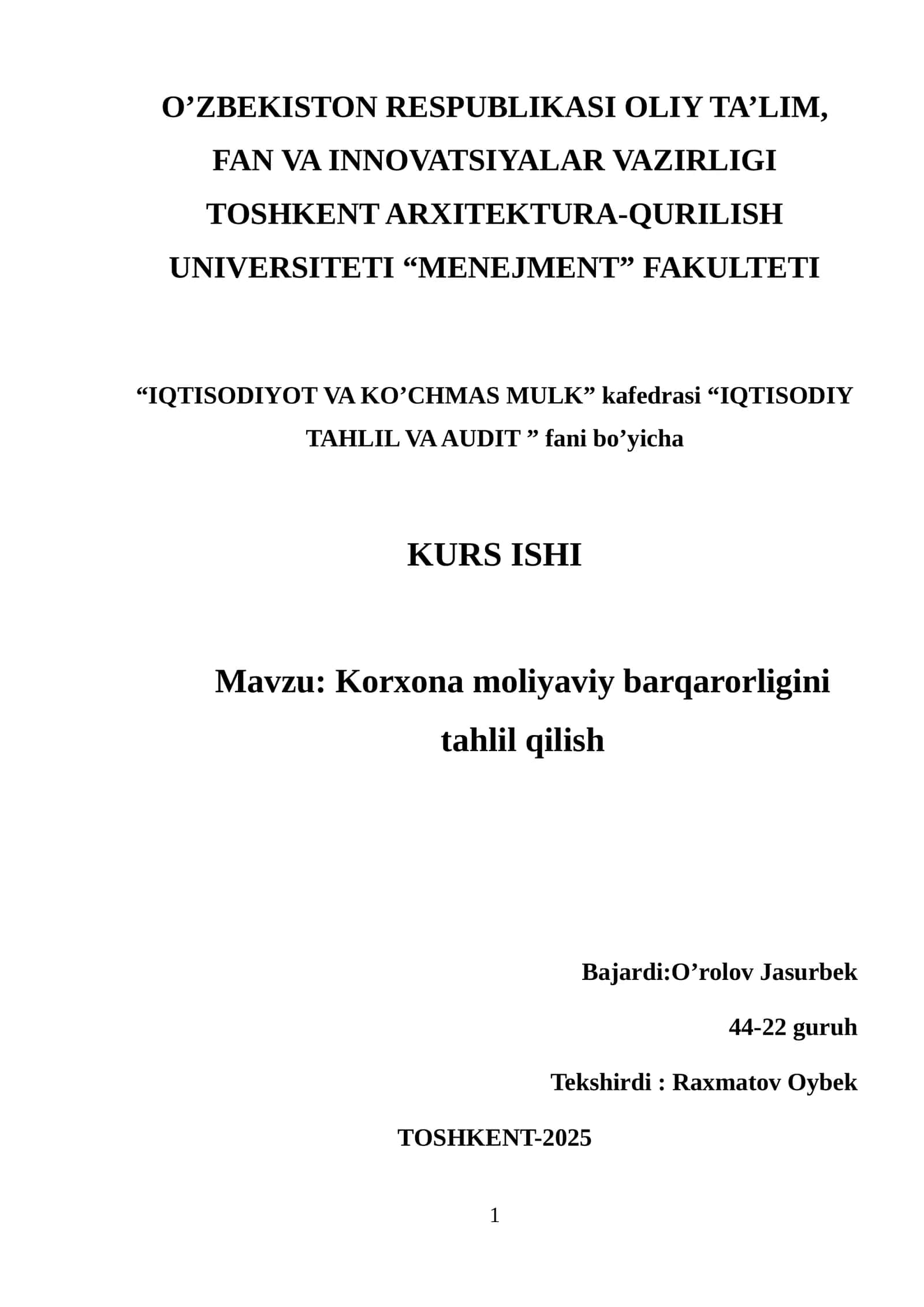 Korxona moliyaviy barqarorligini tahlil qilish
