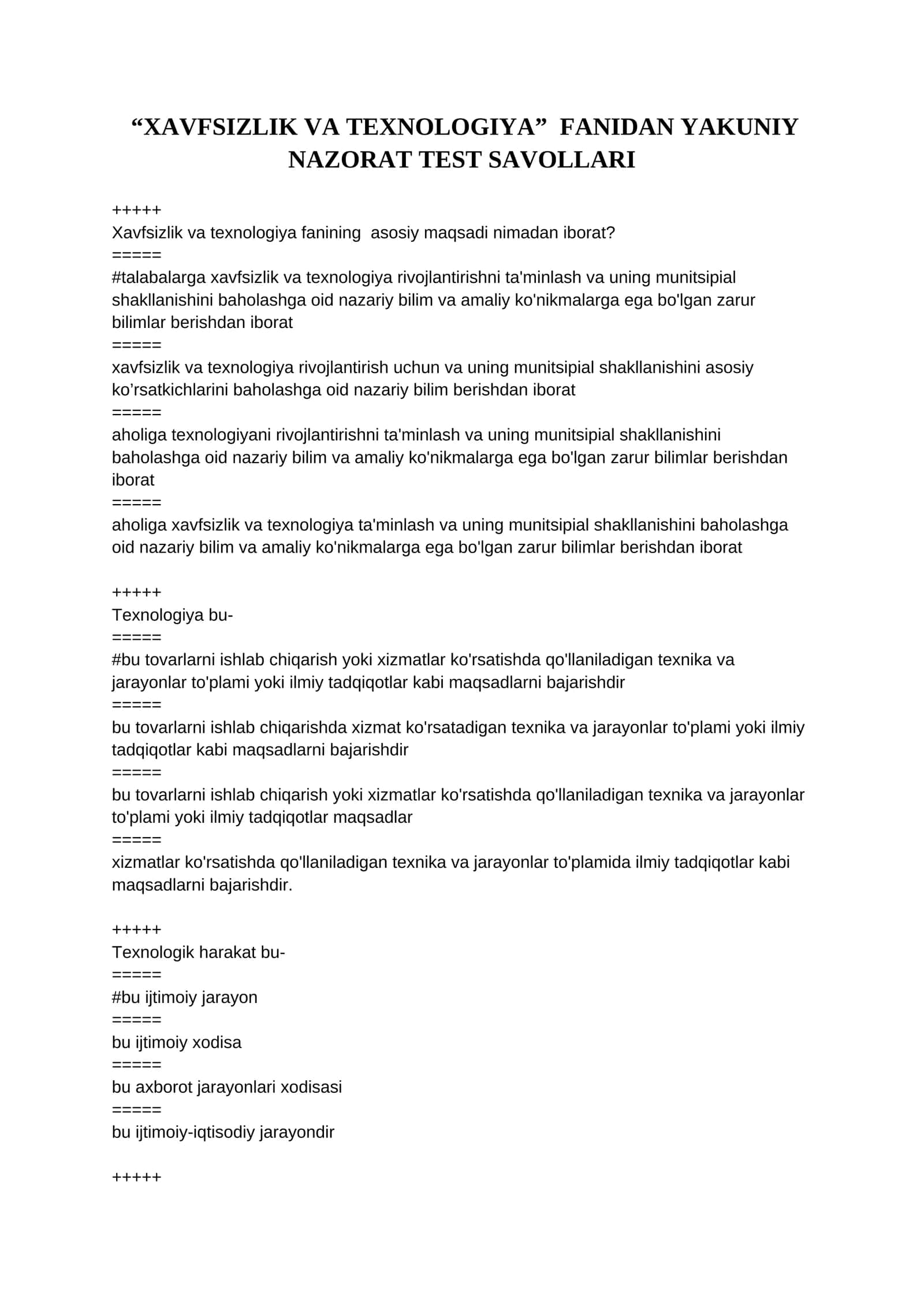 XAVFSIZLIK VA TEXNOLOGIYA”  FANIDAN YAKUNIY TEST SAVOLLARI VA JAVOBLARI