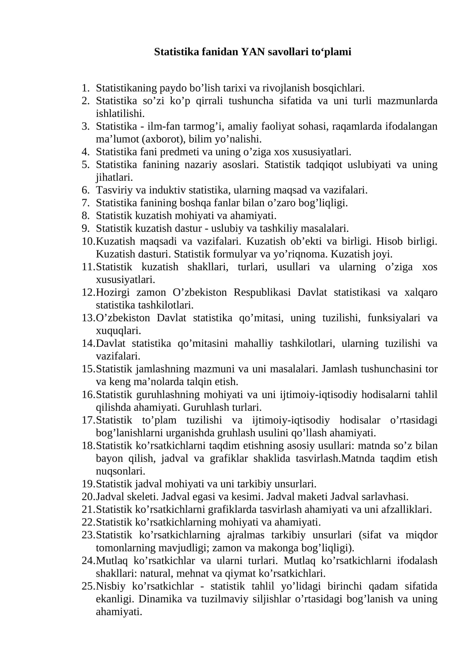 Statistika fanidan YAN savollari to‘plami