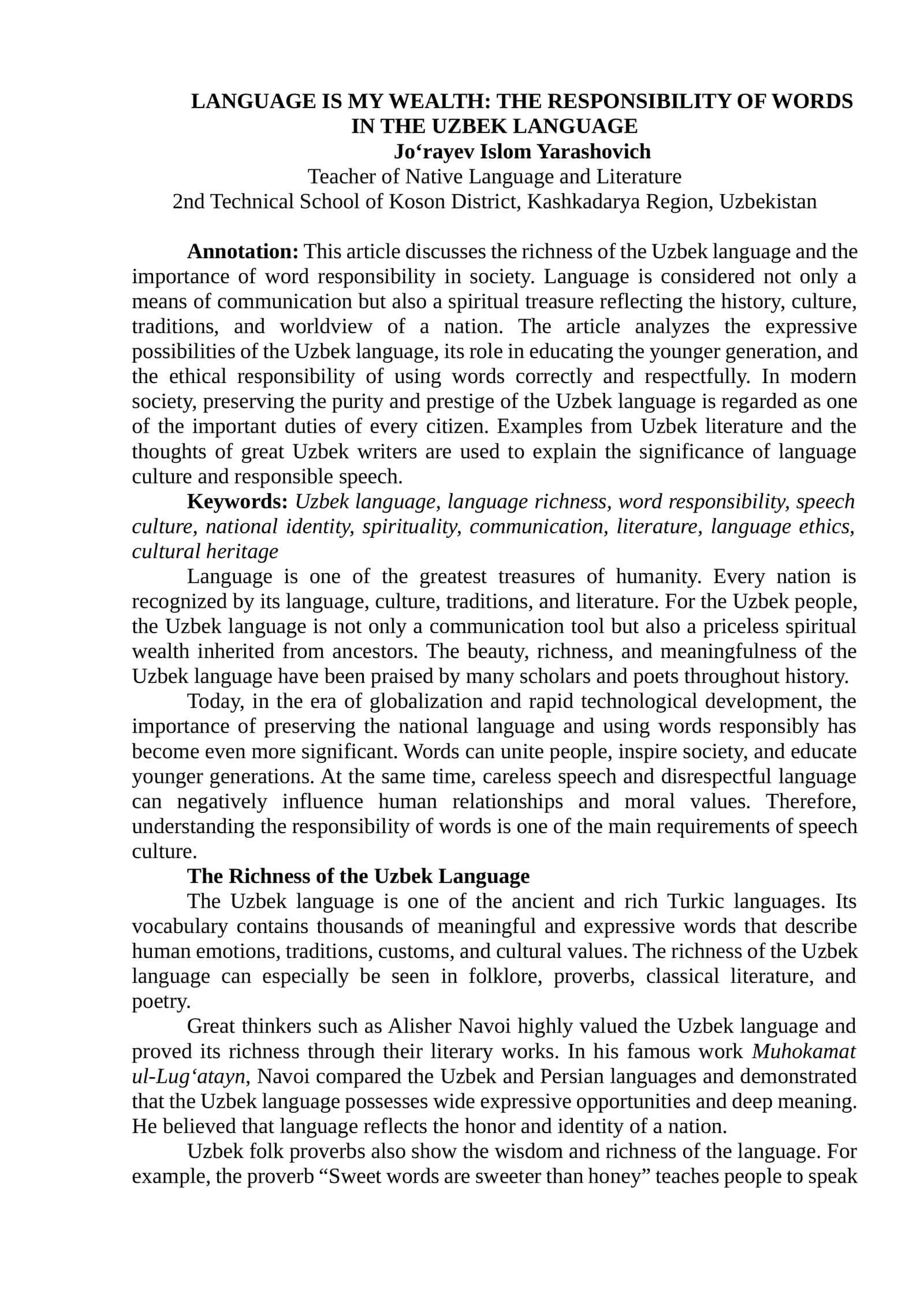 LANGUAGE IS MY WEALTH: THE RESPONSIBILITY OF WORDS IN THE UZBEK LANGUAGE