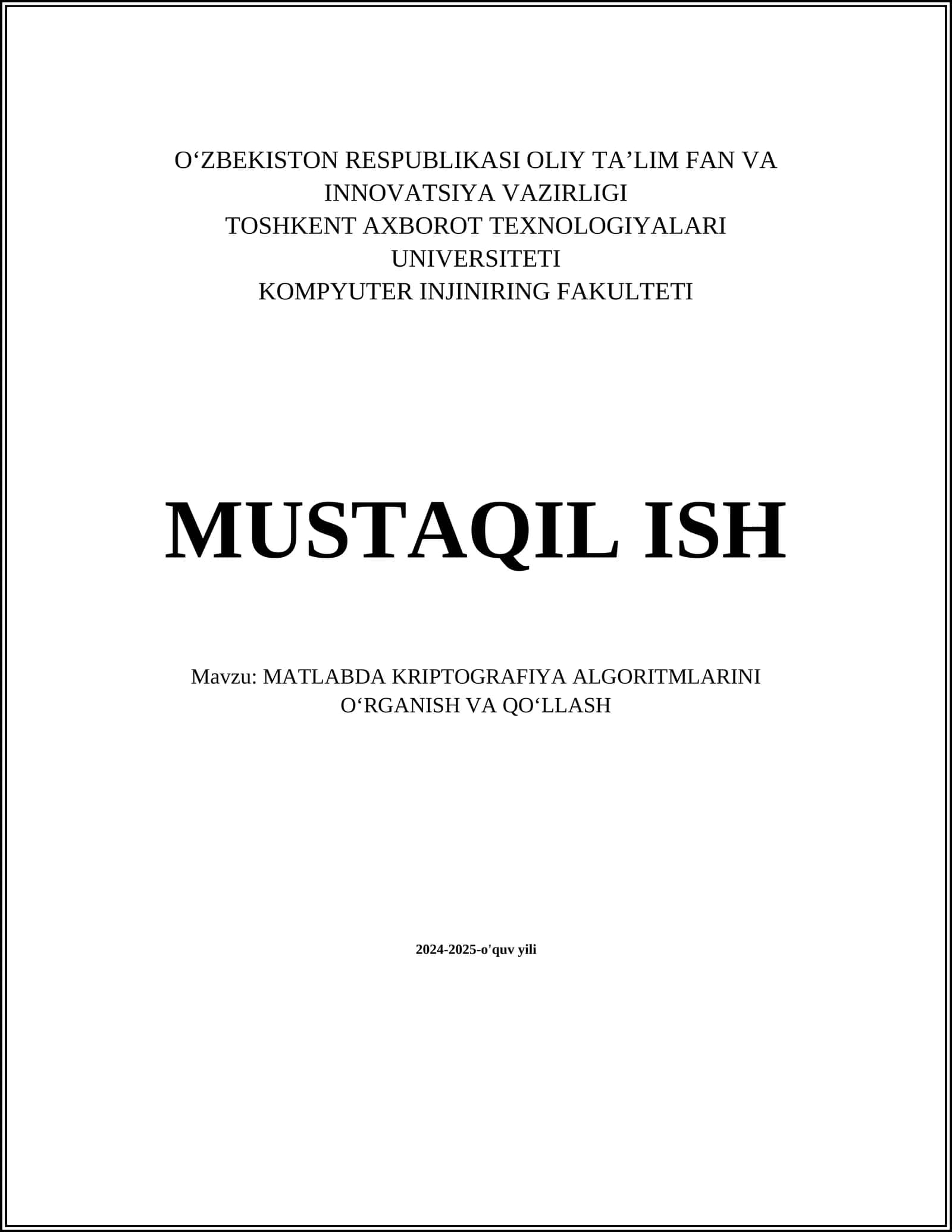 MATLABDA KRIPTOGRAFIYA ALGORITMLARINI O‘RGANISH VA QO‘LLASH