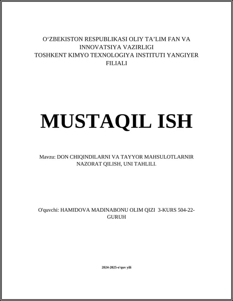 DON CHIQINDILARNI VA TAYYOR MAHSULOTLARNIR NAZORAT QILISH