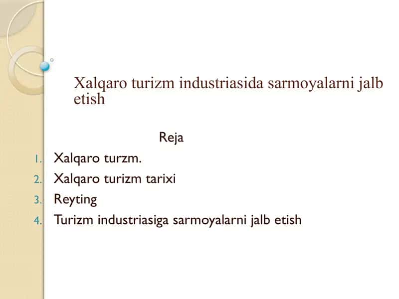 Xalqaro turizm sarmoyalarni jalb etish