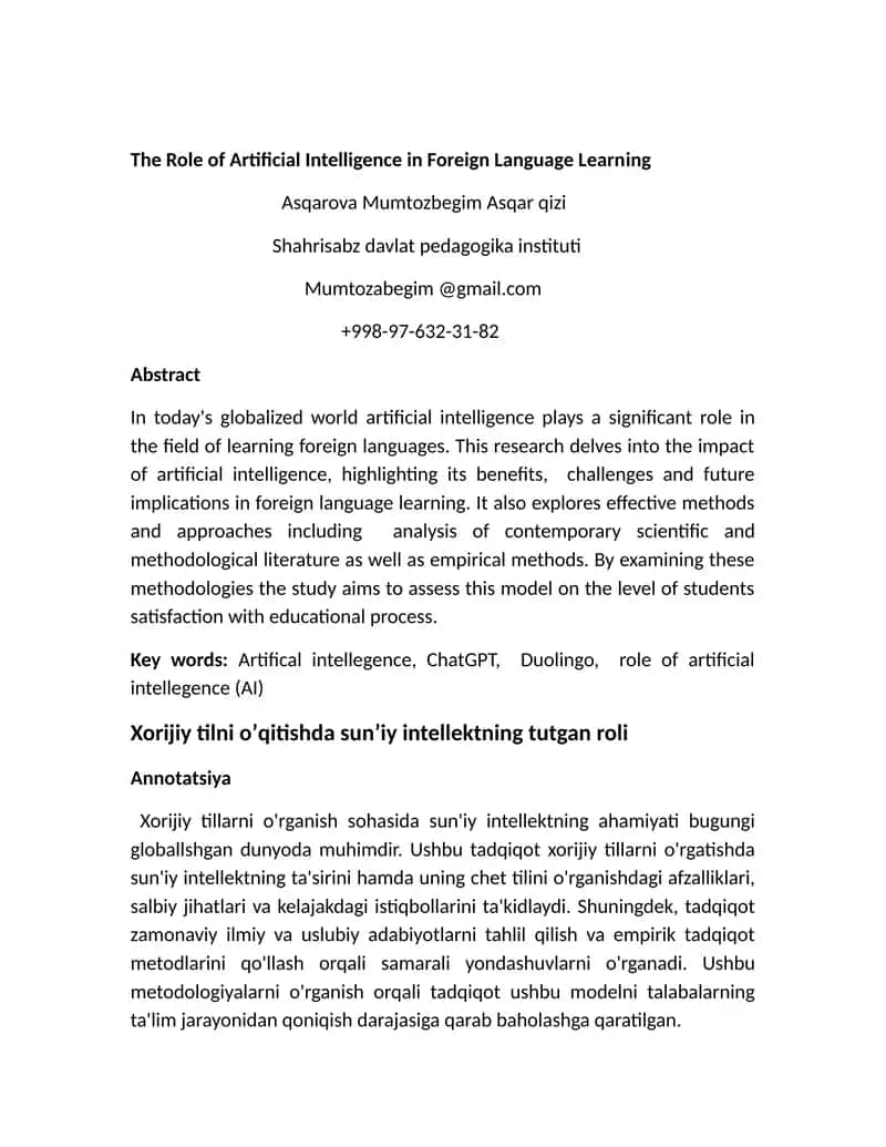 The Role of Artificial Intelligence in Foreign Language Learning