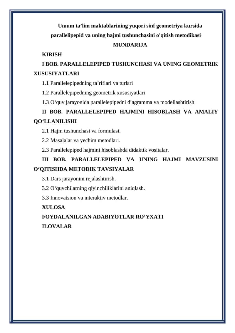 Parallelepiped va uning hajmi tushunchasi