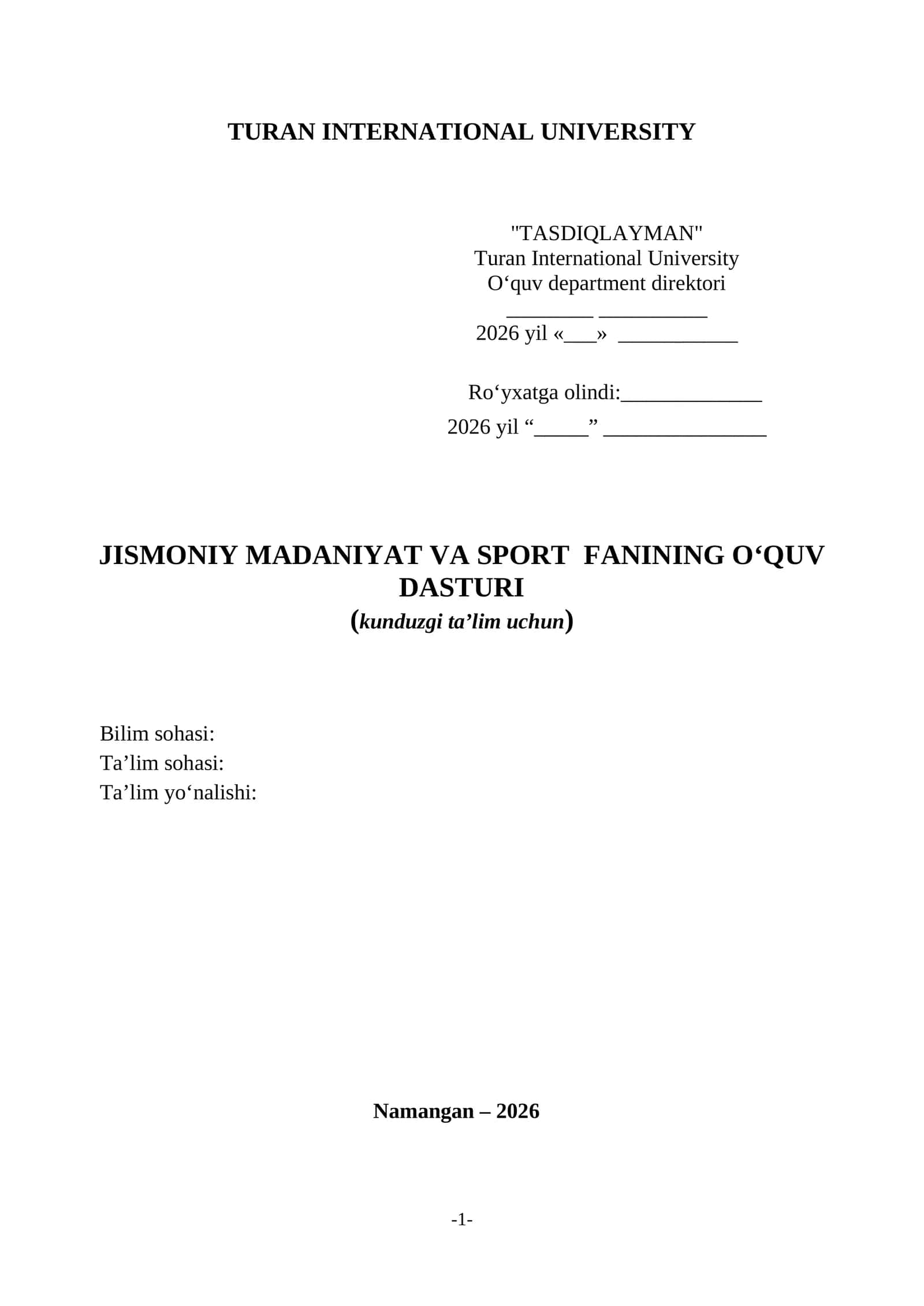 Jismoniy madaniyat va sport FANINING O‘QUV DASTURI