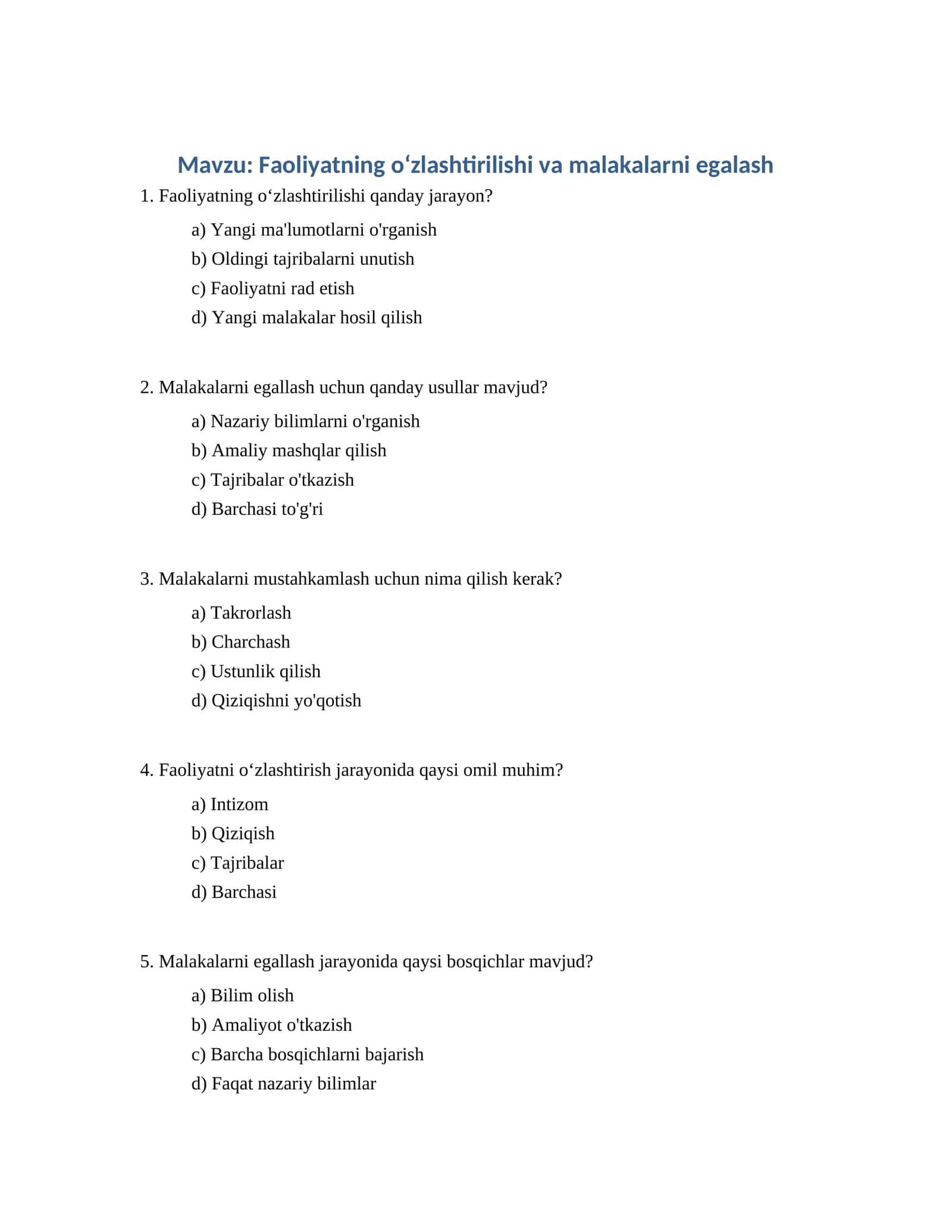 Faoliyatning oʻzlashtirilishi va malakalarni egalash