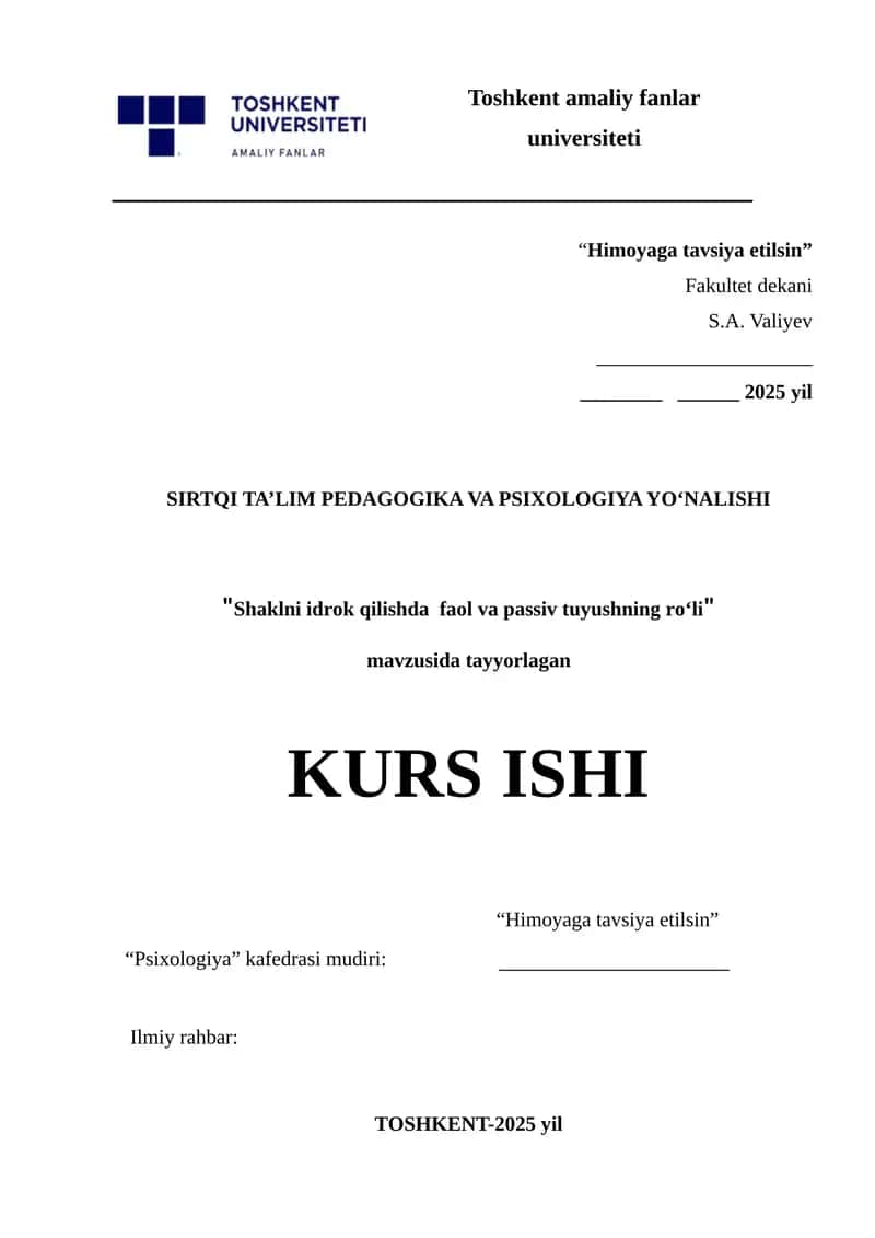 SIRTQI TA’LIM PEDAGOGIKA VA PSIXOLOGIYA YO‘NALISHI KURS ISHI