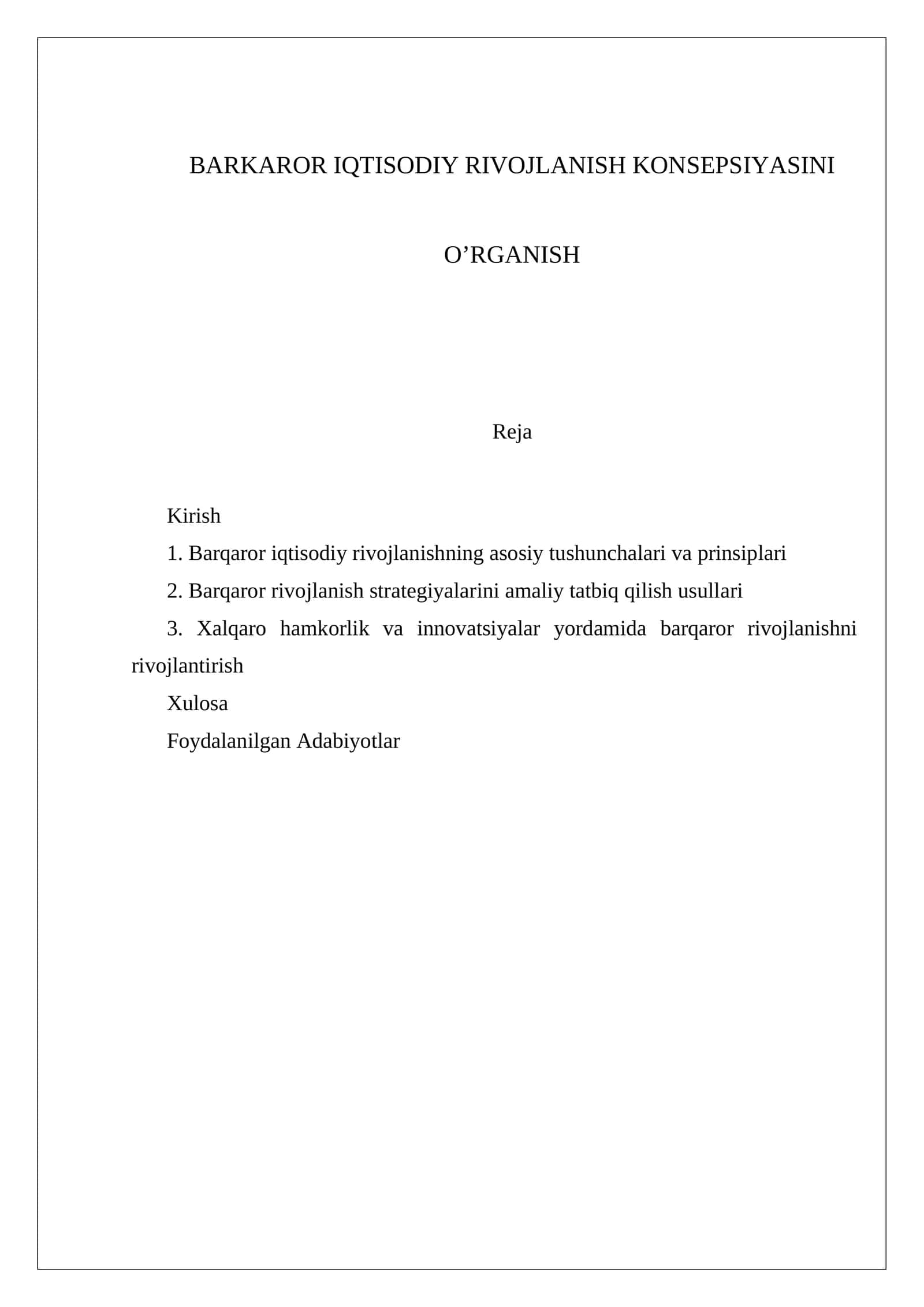 Barqaror Iqtisodiy Rivojlanish Konsepsiyasini O’rganish