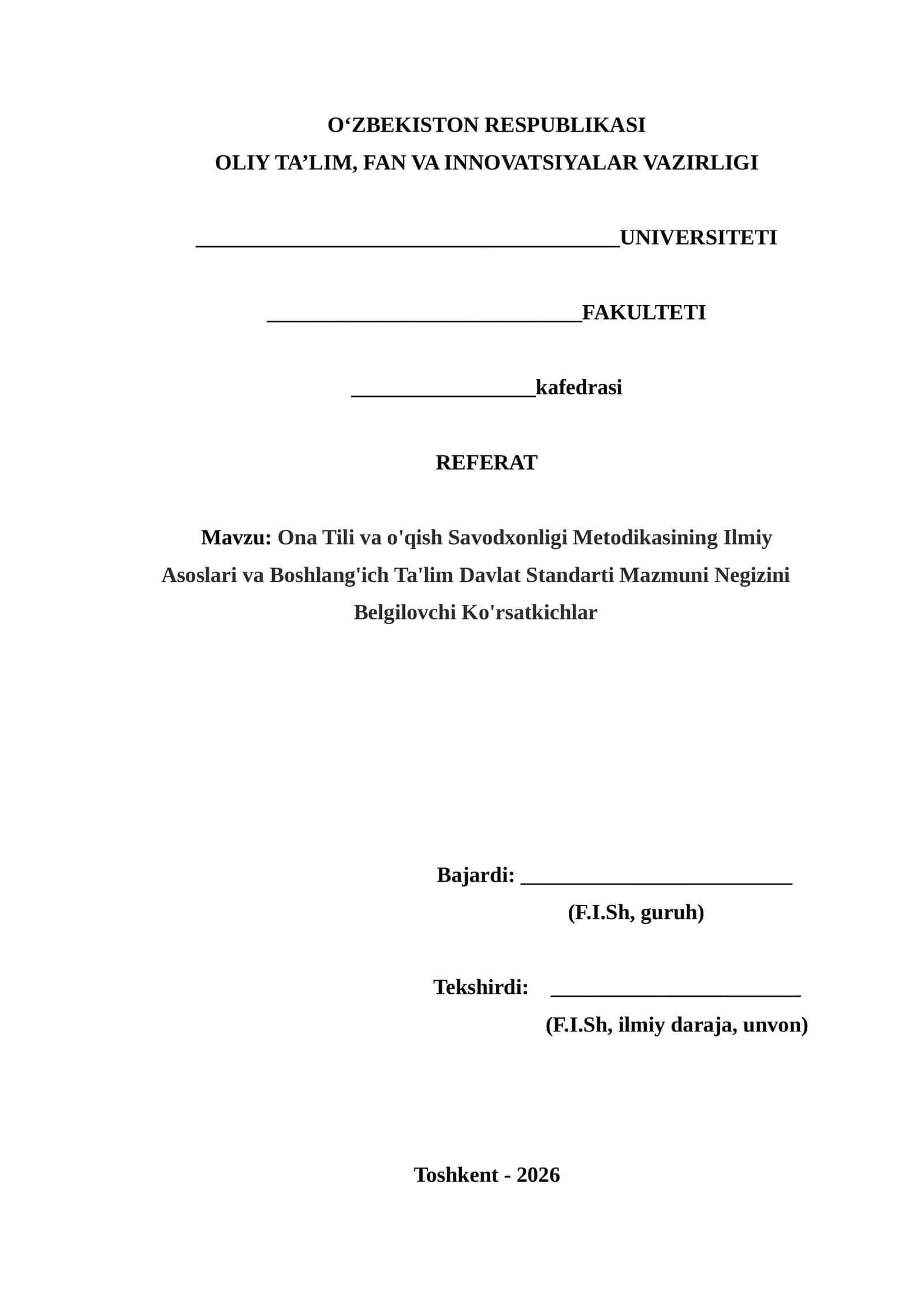 Ona Tili va o'qish Savodxonligi Metodikasining Ilmiy Asoslari va Boshlang'ich Ta'lim Davlat Standarti Mazmuni Negizini Belgilovchi Ko'rsatkichlar