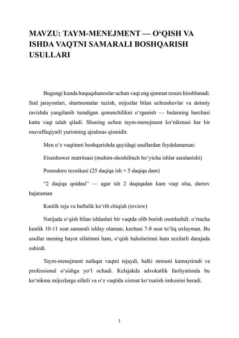 TAYM-MENEJMENT — O‘QISH VA ISHDA VAQTNI SAMARALI BOSHQARISH USULLARI