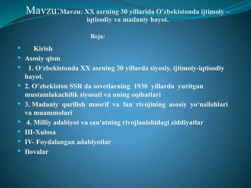 O'zbekistonda XX asrning 30 yillarida ijtimoiy-iqtisodiy va madaniy hayot