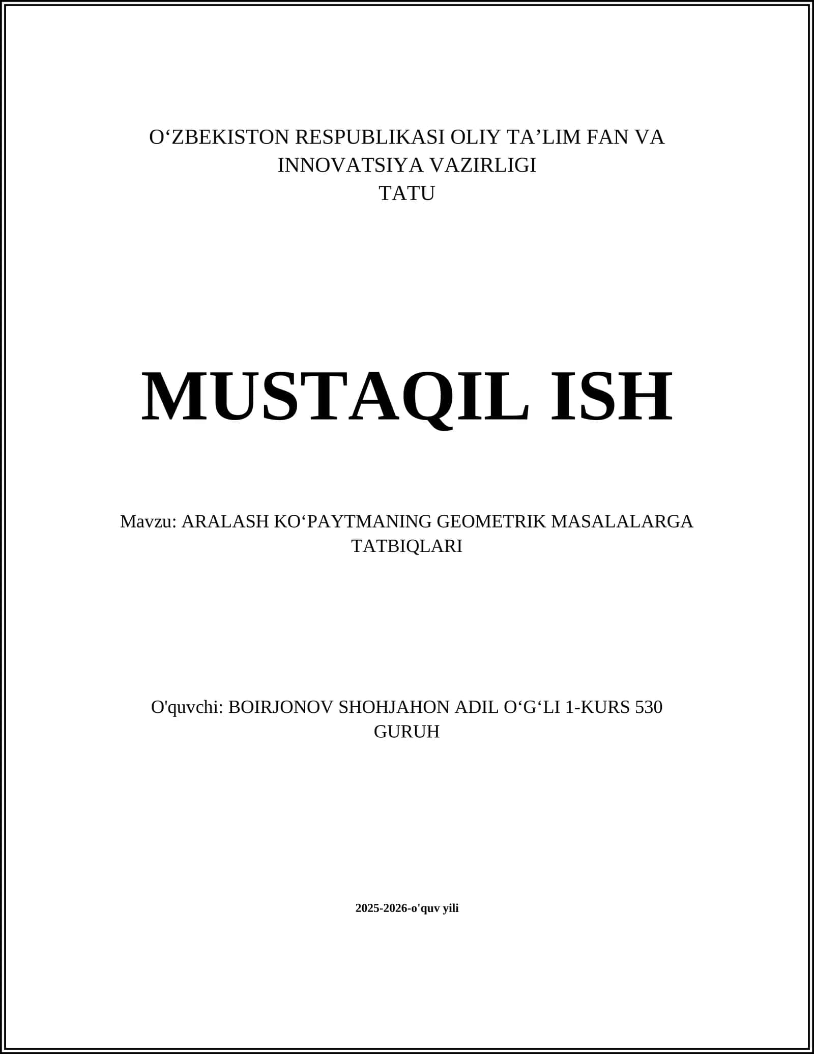 ARALASH KO‘PAYTMANING GEOMETRIK MASALALARGA TATBIQLARI