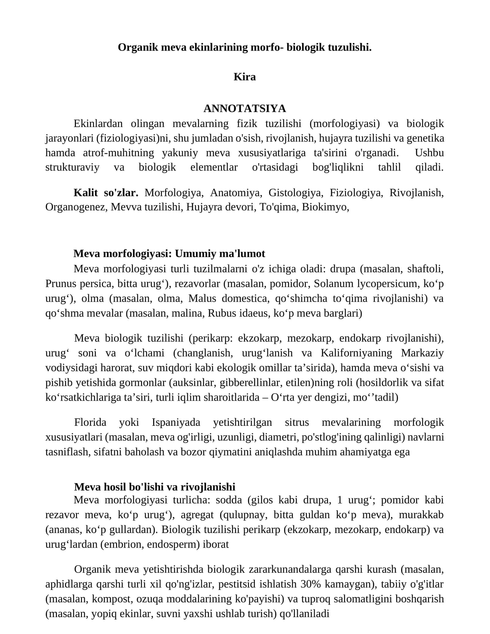 Organik meva ekinlarining morfo- biologik tuzulishi