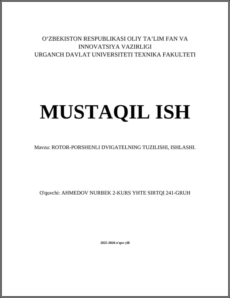 ROTOR-PORSHENLI DVIGATELNING TUZILISHI, ISHLASHI