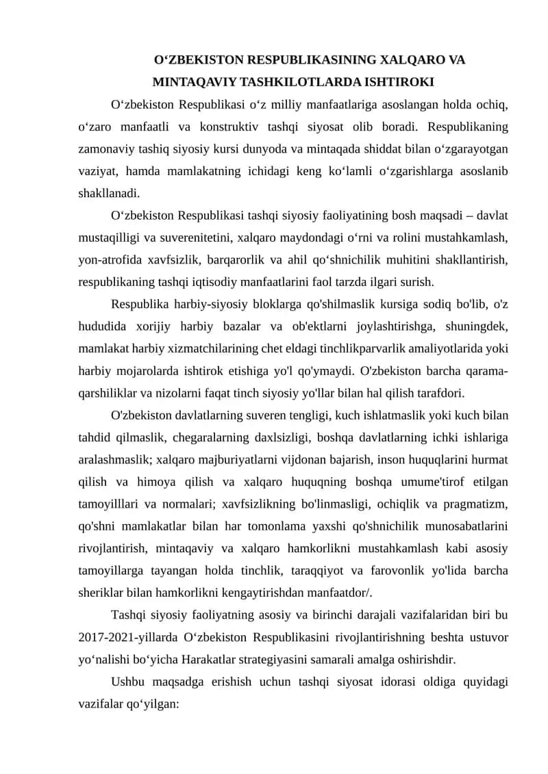 Oʻzbekiston RESPUBLIKASINING XALQARO VA MINTAQAVIY TASHKILOTLARDA ISHTIROKI