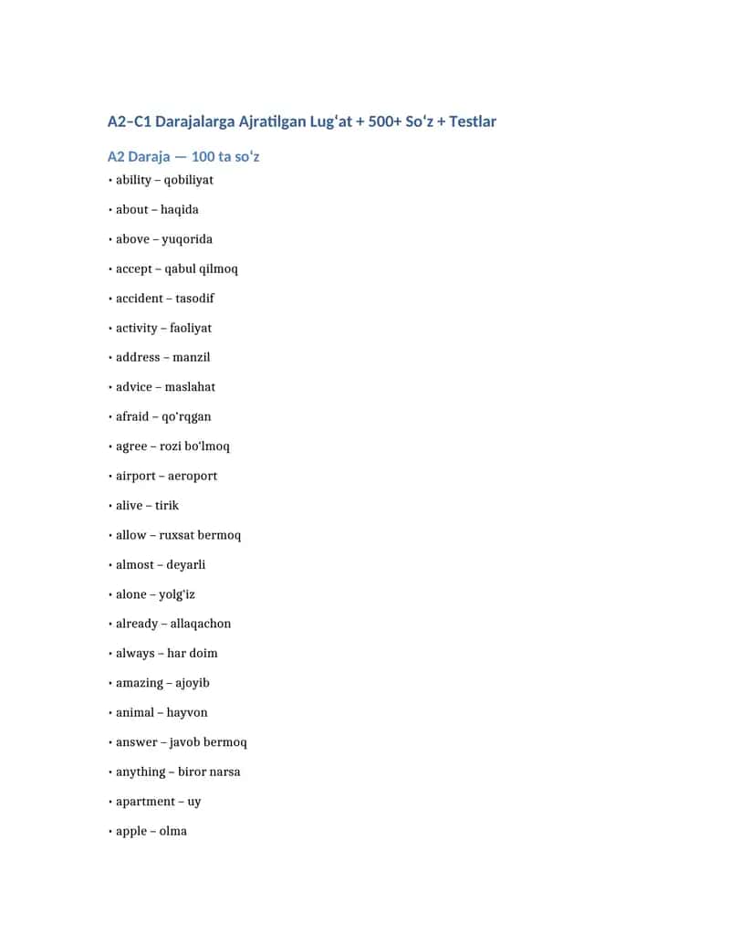 A2–C1 Darajalarga Ajratilgan Lug‘at + 500+ So‘z + Testlar