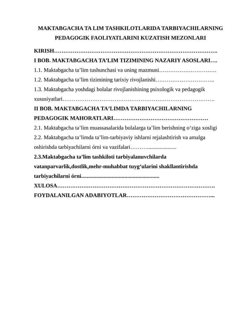 MAKTABGACHA TA LIM TASHKILOTLARIDA TARBIYACHILARNING PEDAGOGIK FAOLIYATLARINI KUZATISH MEZONLARI