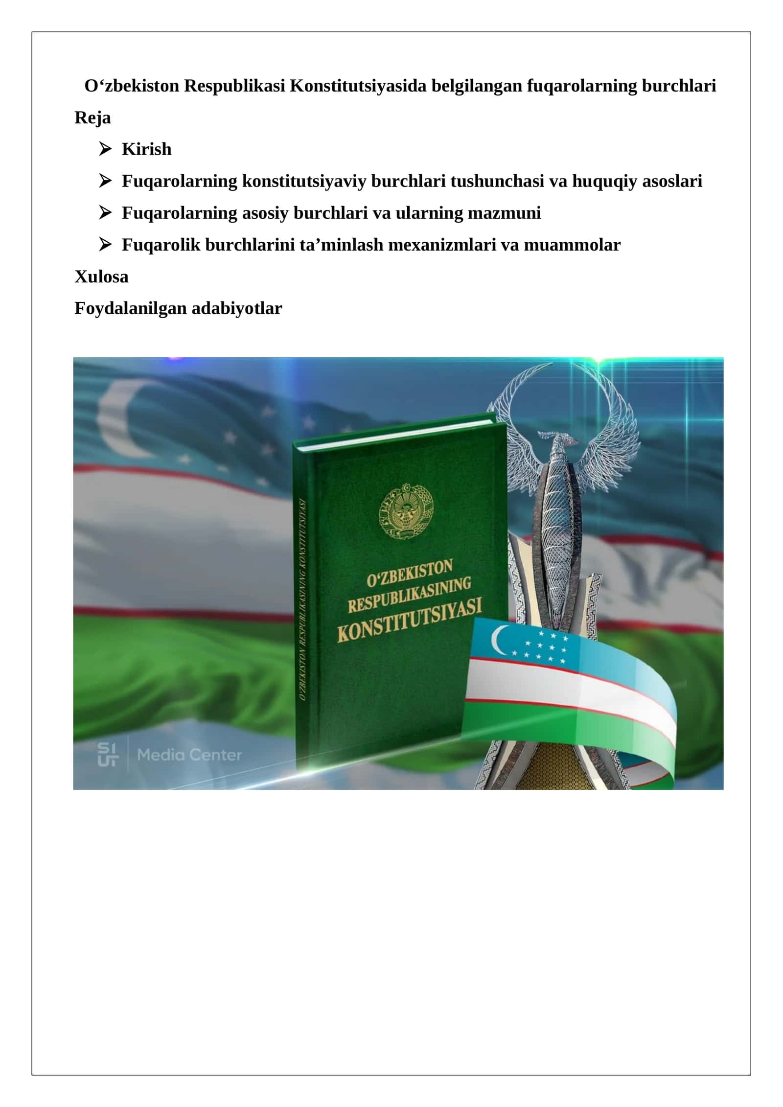 O‘zbekiston Respublikasi Konstitutsiyasida belgilangan fuqarolarning burchlari