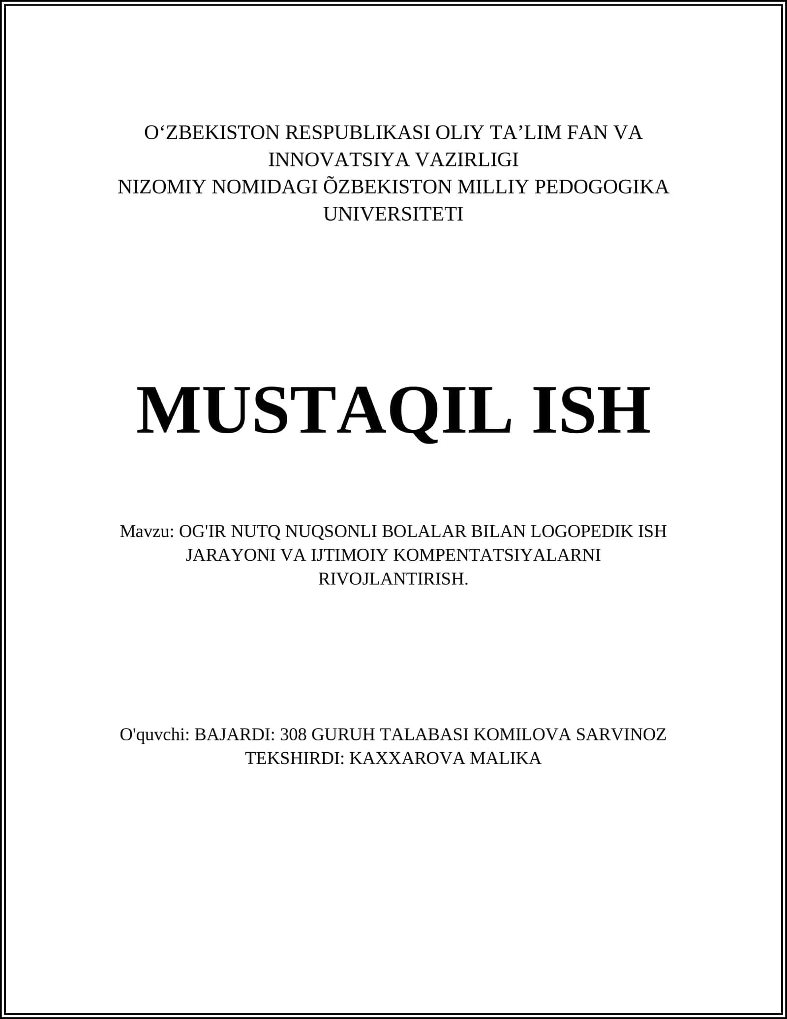 OG'IR NUTQ NUQSONLI BOLALAR UCHUN LOGOPEDIK DIAGNOSTIKA
