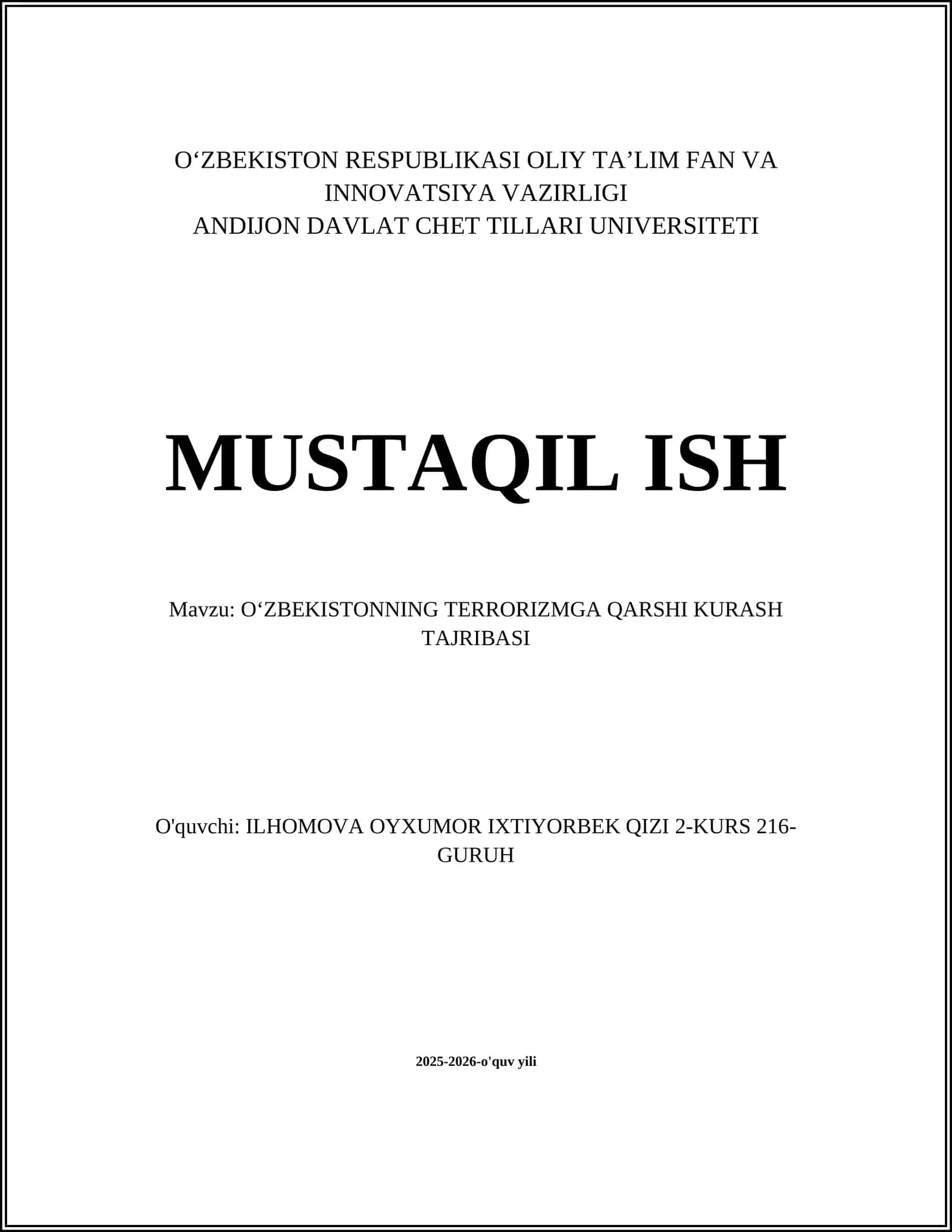 OʻZBEKISTONNING TERRORIZMGA QARSHI KURASH TAJRIBASI