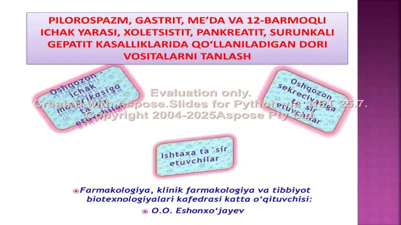 PILOROSPAZM, GASTRIT, ME’DA VA 12-BARMOQLI ICHAK YARASI, XOLETSISTIT, PANKREATIT, SURUNKALI GEPATIT KASALLIKLARIDA QO‘LLANILADIGAN DORI VOSITALARNI TANLASH