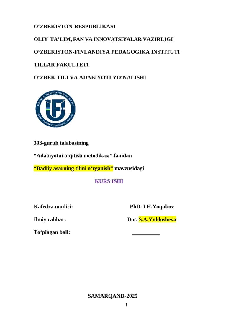 "Badiiy asarning tilini o‘rganish" KURS ISHI