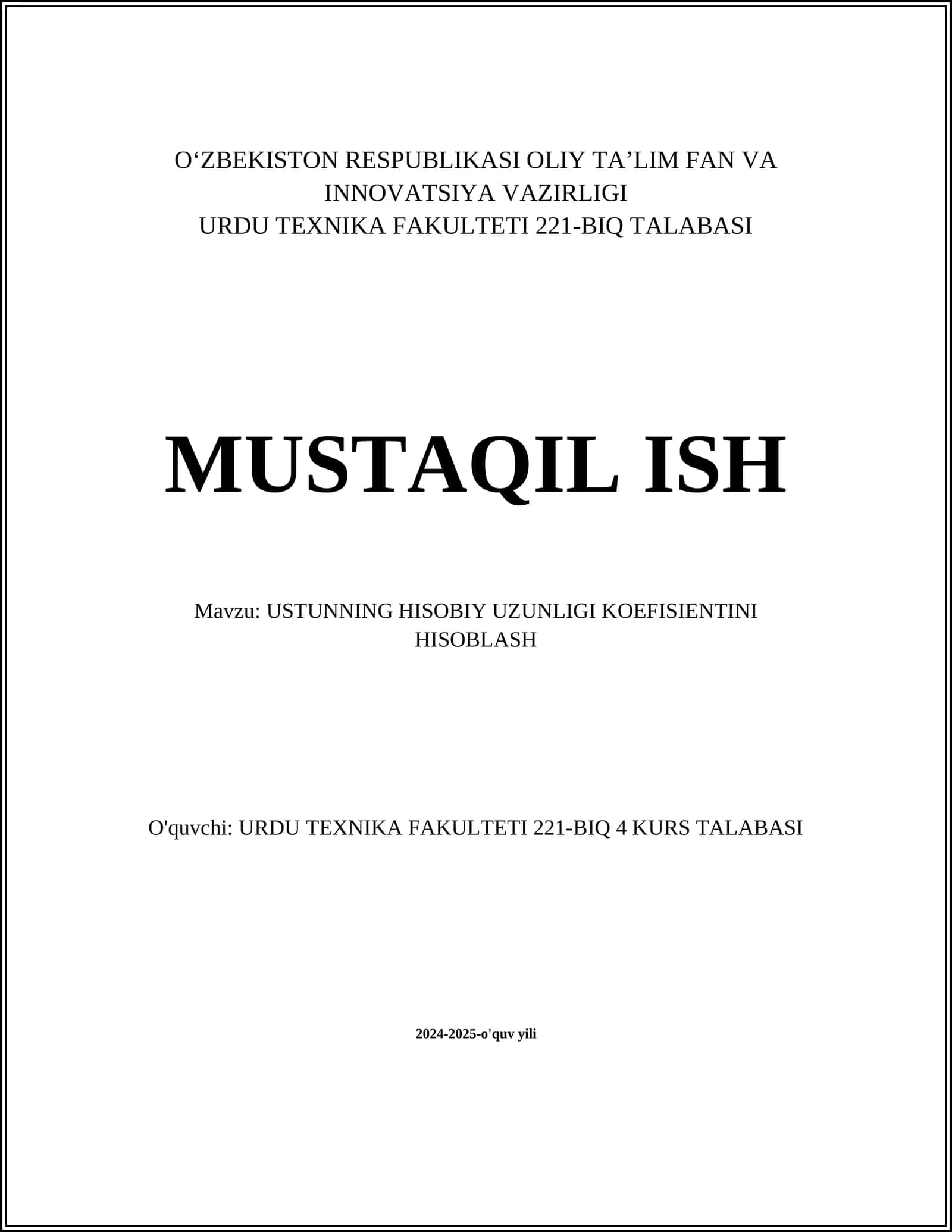 USTUNNING HISOBIY UZUNLIGI KOEFISIENTINI HISOBLASH