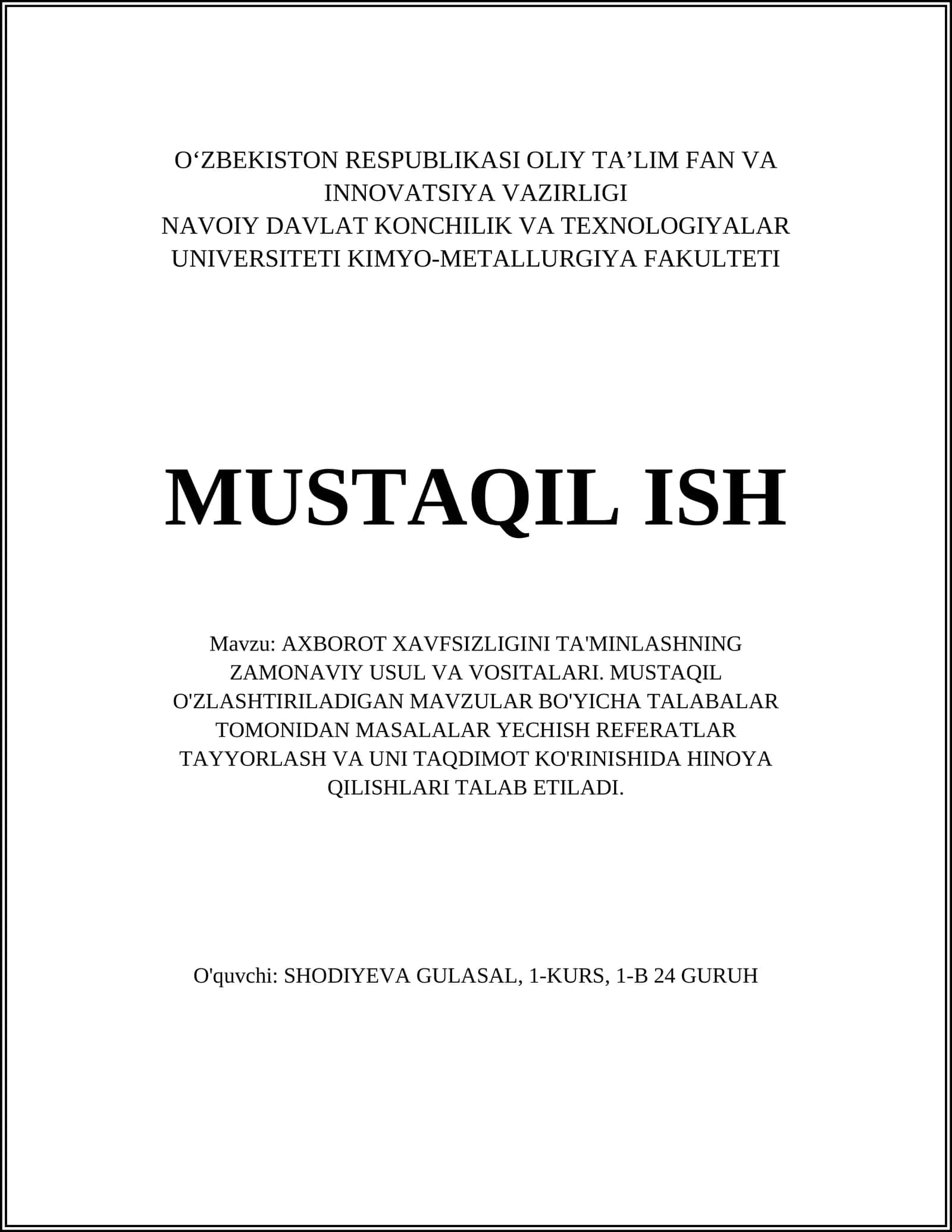 AXBOROT XAVFSIZLIGINI TA'MINLASHNING ZAMONAVIY USUL VA VOSITALARI
