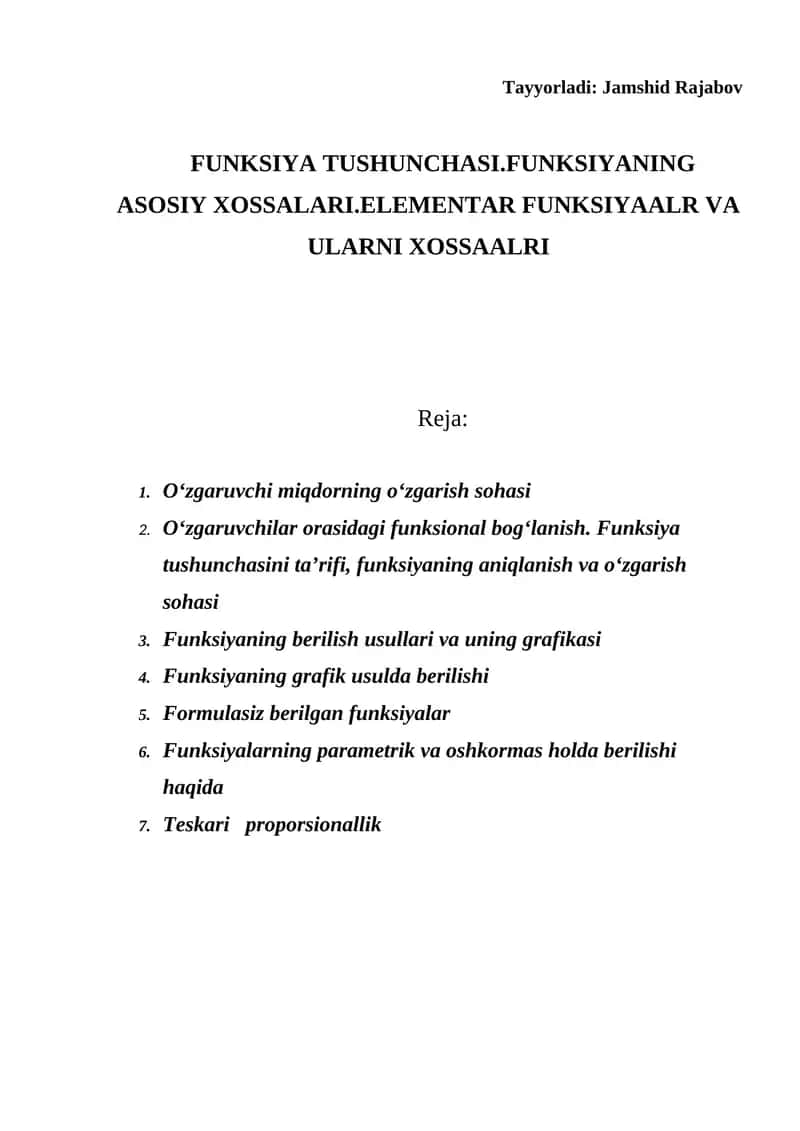 FUNKSIYA TUSHUNCHASI