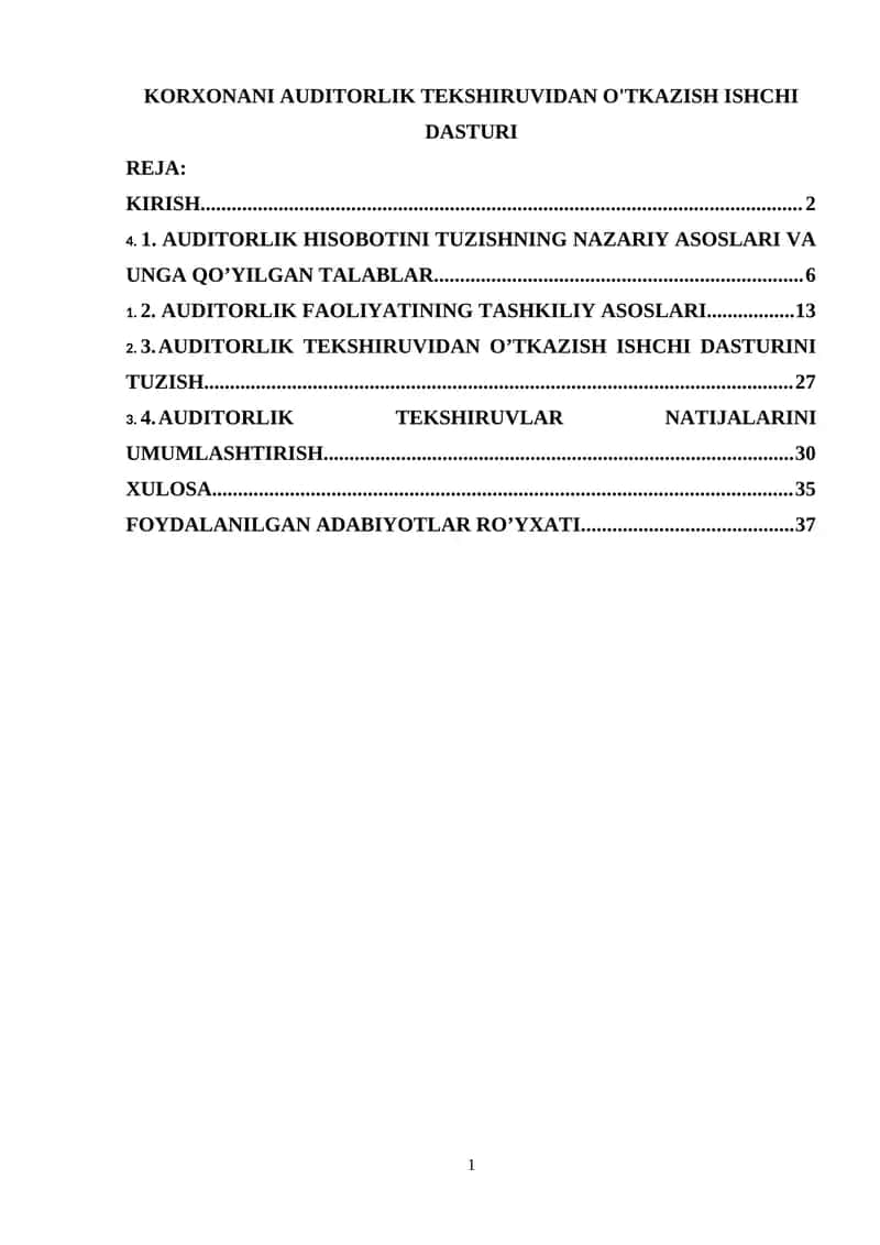 Auditorlik tekshiruvidan o'tkazish ishchi dasturi