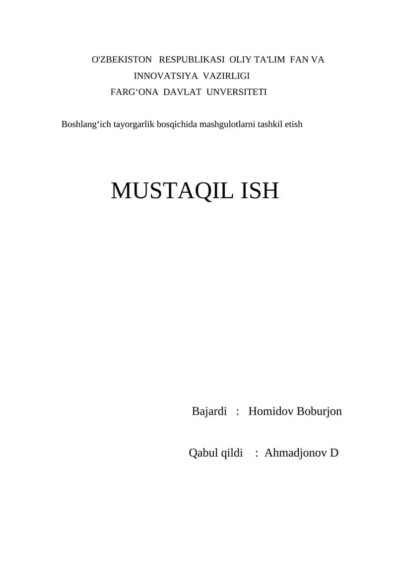 Boshlangʻich tayorgarlik bosqichida mashgulotlarni tashkil etish