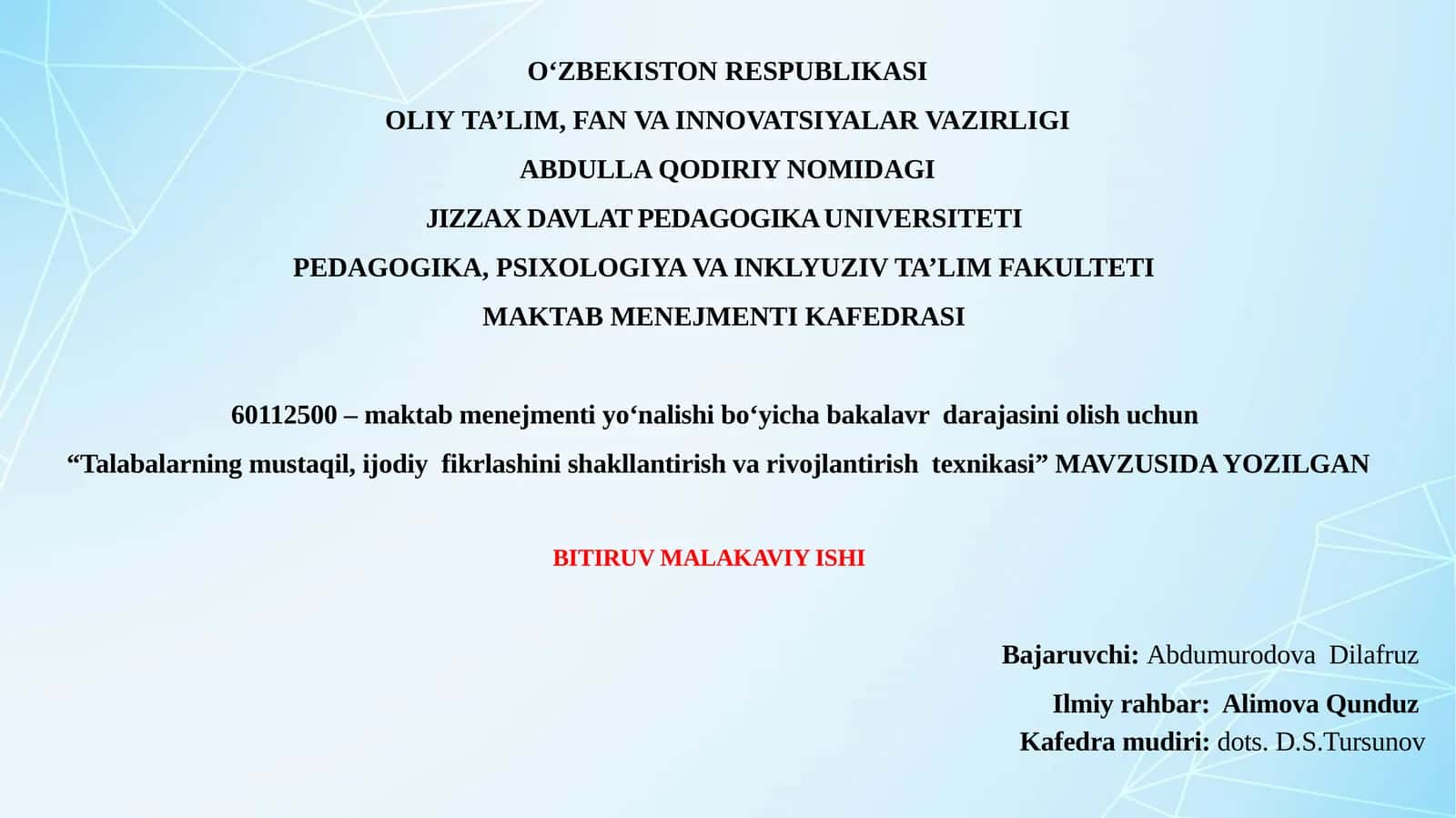 "Talabalarning mustaqil, ijodiy fikrlashini shakllantirish va rivojlantirish texnikasi"