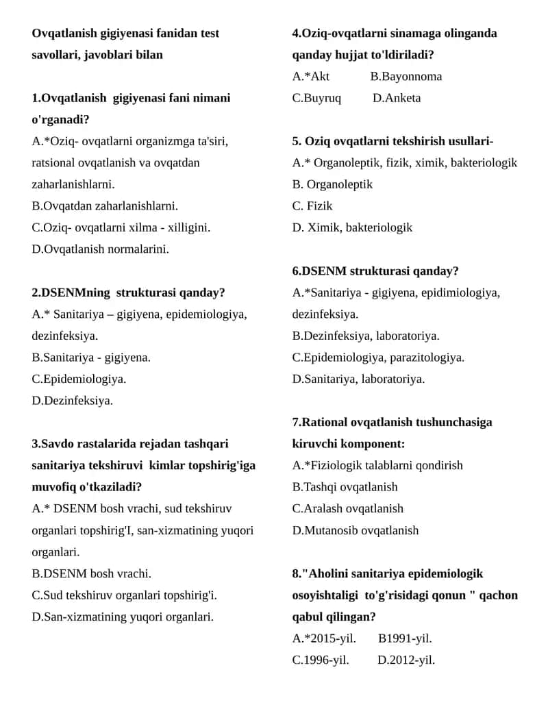 Ovqatlanish gigiyenasi fanidan test savollari, javoblari bilan
