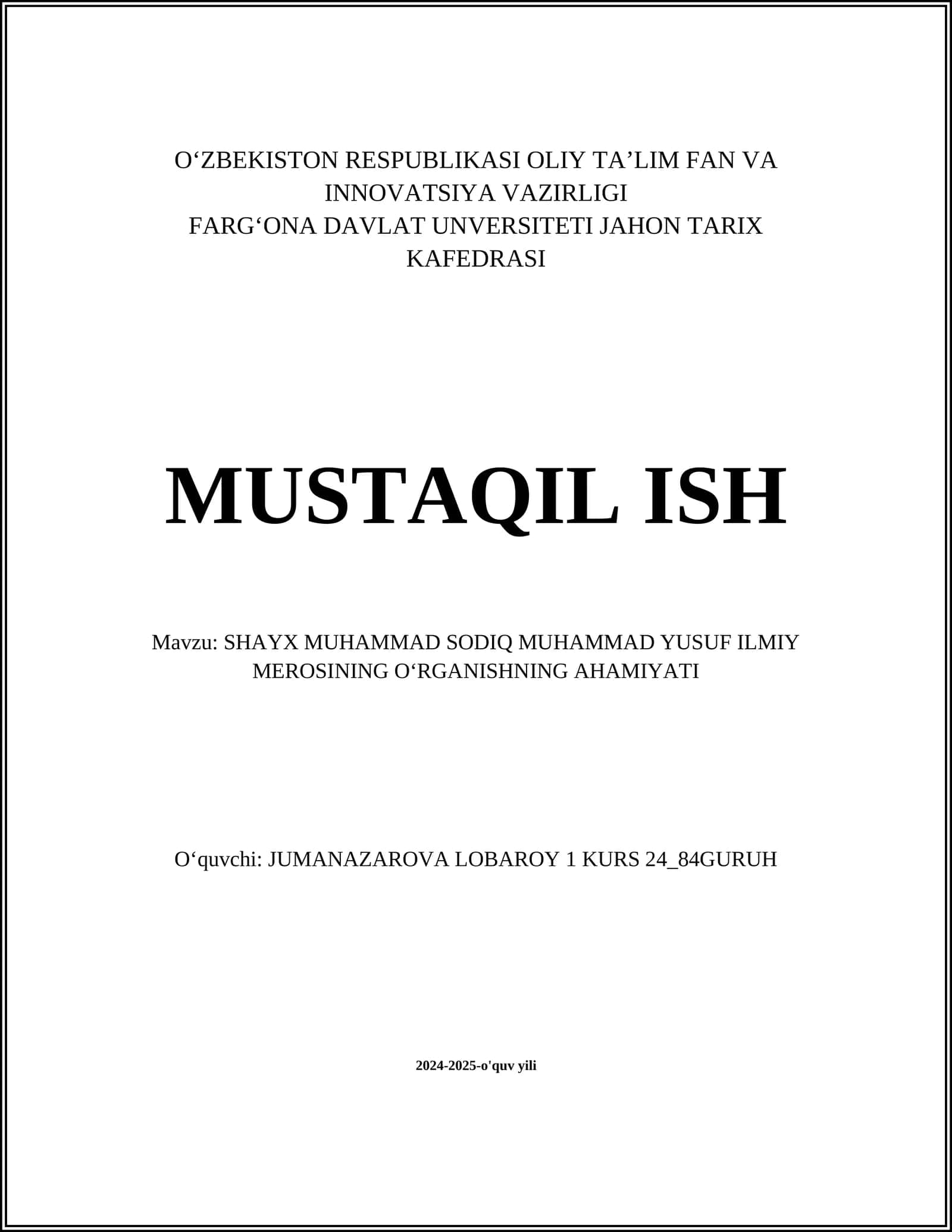 SHAYX MUHAMMAD SODIQ MUHAMMAD YUSUF ILMIY MEROSI