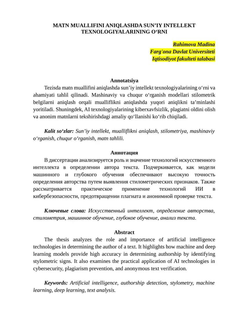 Matn Muallifini Aniqlashda Sun’iy Intellekt Texnologiyalarining O‘rni