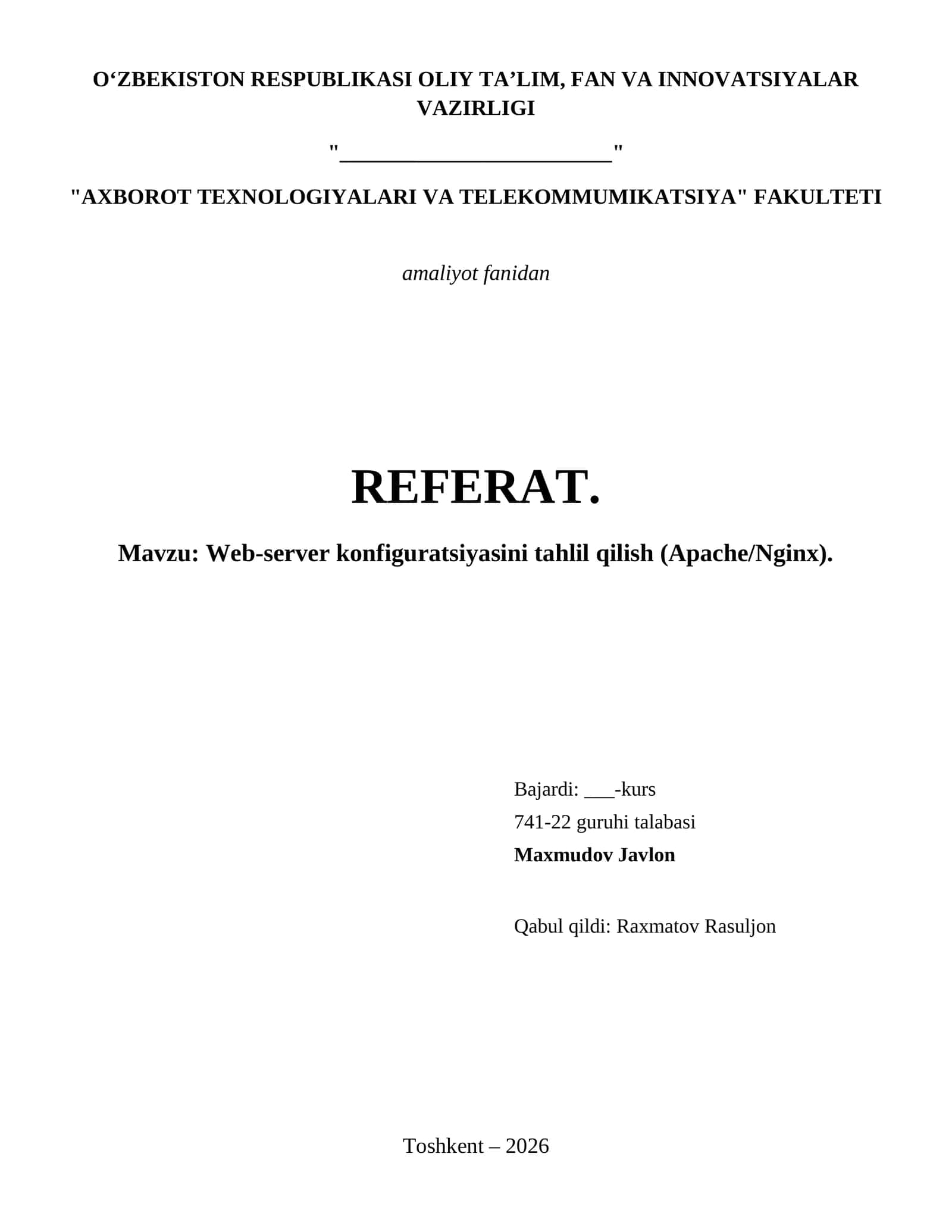 Web-server konfiguratsiyasini tahlil qilish (Apache/Nginx).