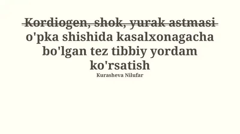 Kardiogen shok, yurak astmasi va o'pka shishida kasalxonagacha bo'lgan tez tibbiy yordam ko'rsatish