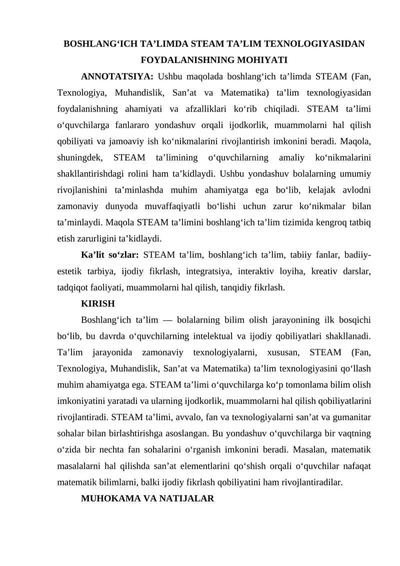 Boshlang‘ich Ta’limda STEAM Ta’lim Texnologiyasidan Foydalanishning Mohiyati