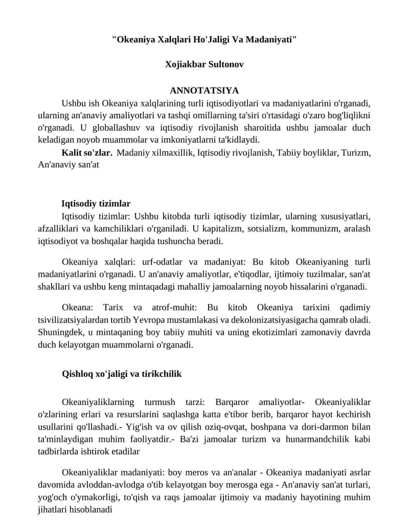 Okeaniya Xalqlari Ho'jaligi Va Madaniyati