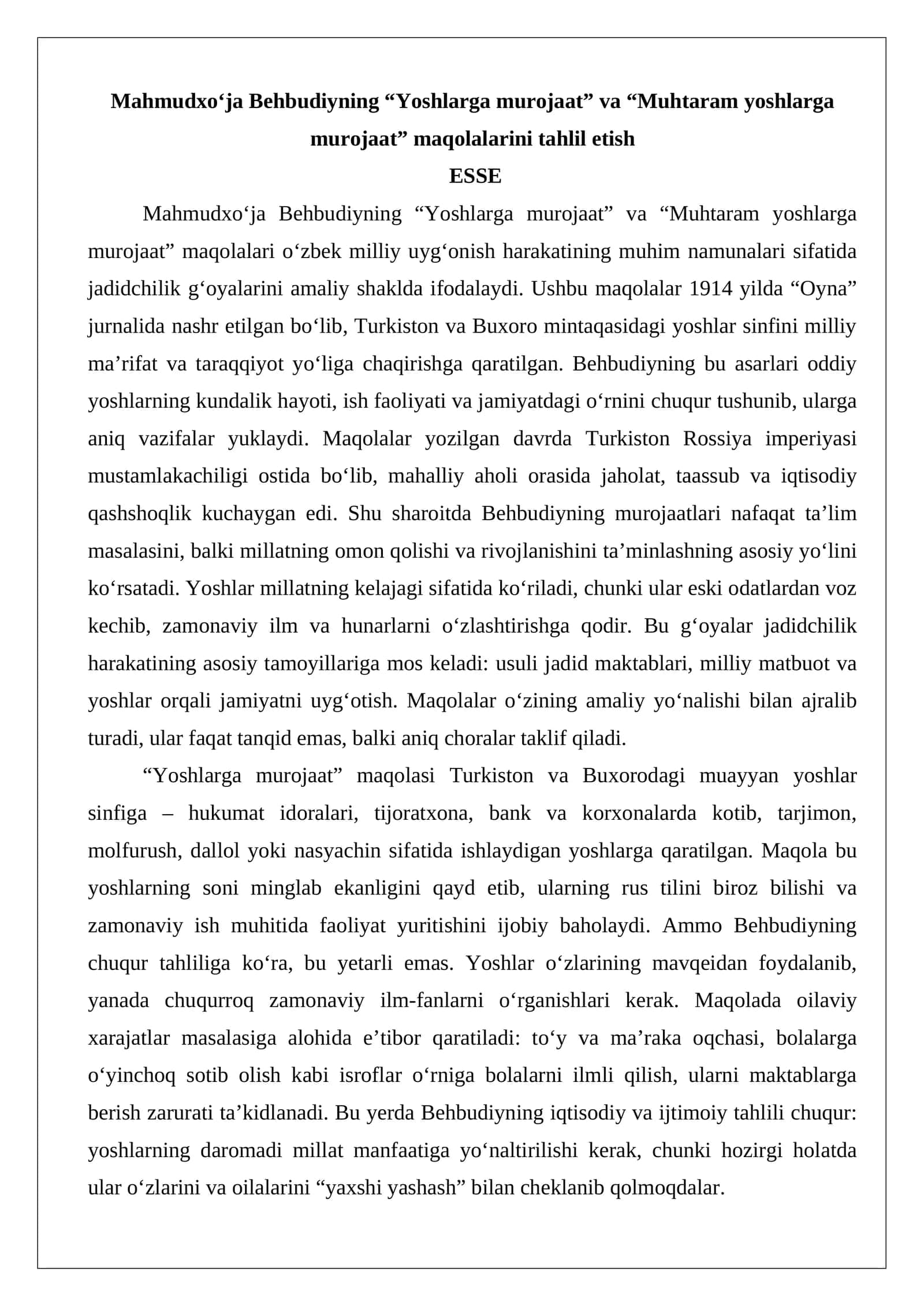 Mahmudxo‘ja Behbudiyning “Yoshlarga murojaat” va “Muhtaram yoshlarga murojaat” maqolalarini tahlil etish