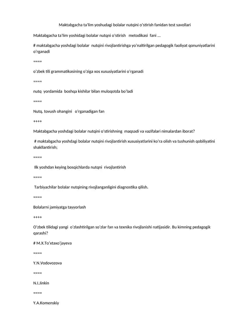 Maktabgacha ta’lim yoshudagi bolalar nutqini o‘stirish fanidan test savollari