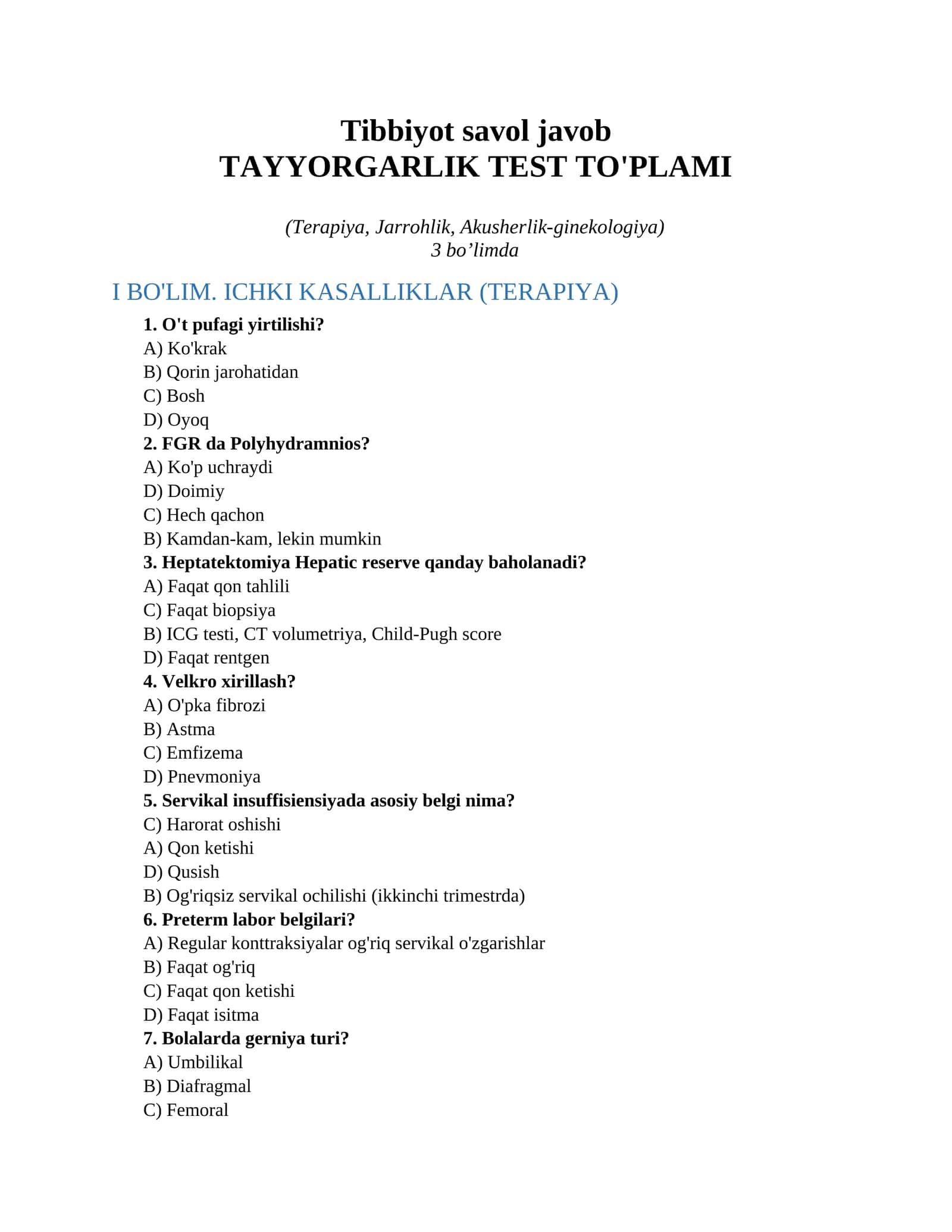 Tibbiyot savol javob