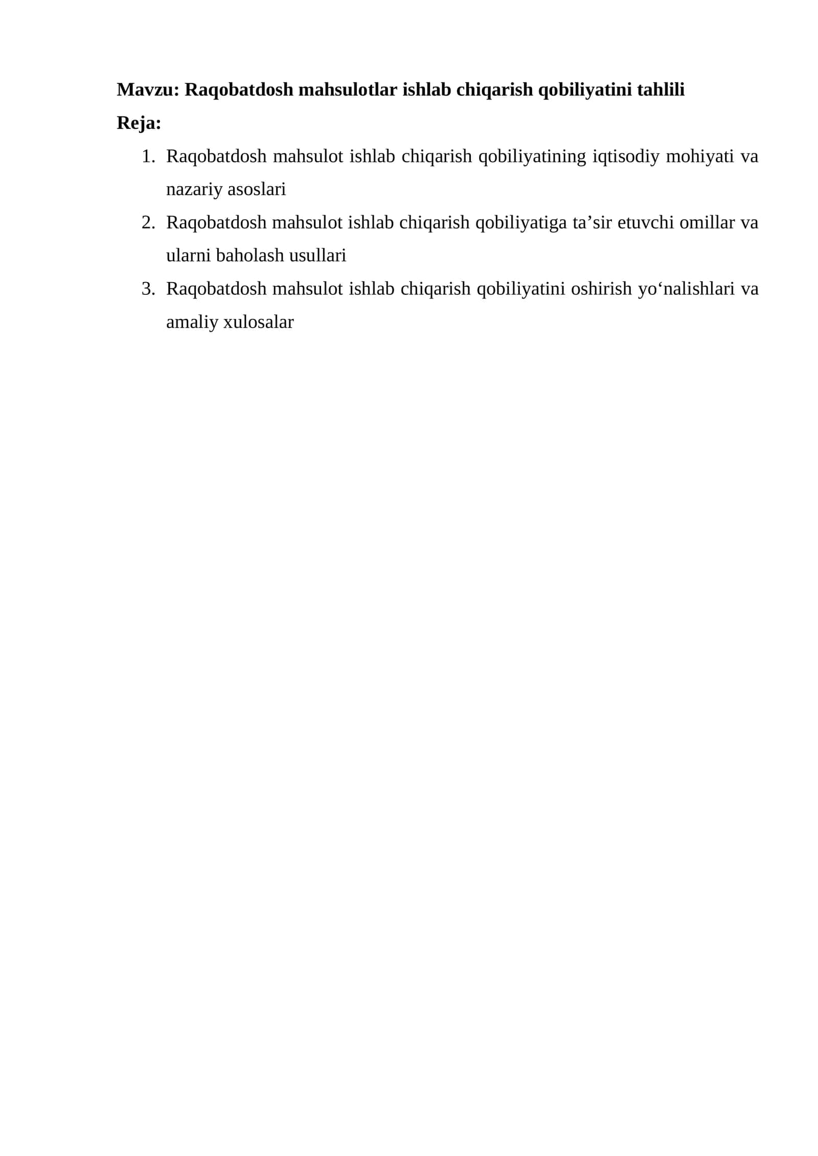 Raqobatdosh mahsulotlar ishlab chiqarish qobiliyatini tahlili