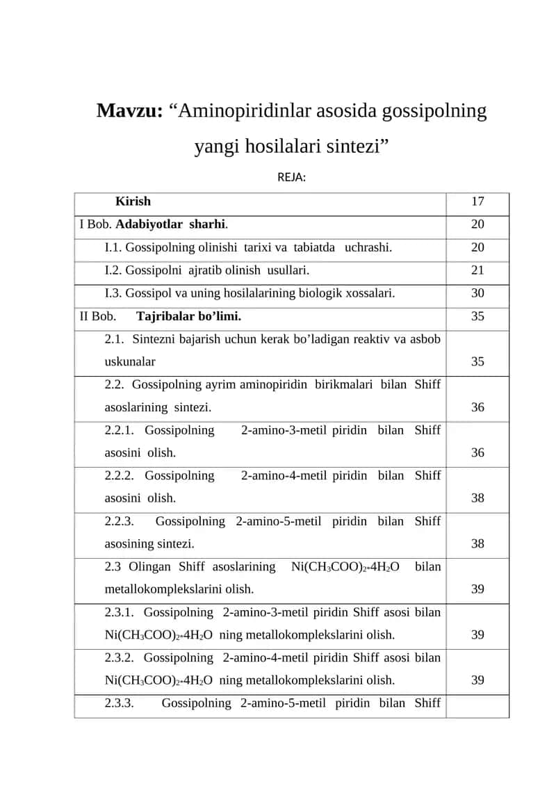 Aminopiridinlar asosida Gossipolning yangi hosilalari sintezi