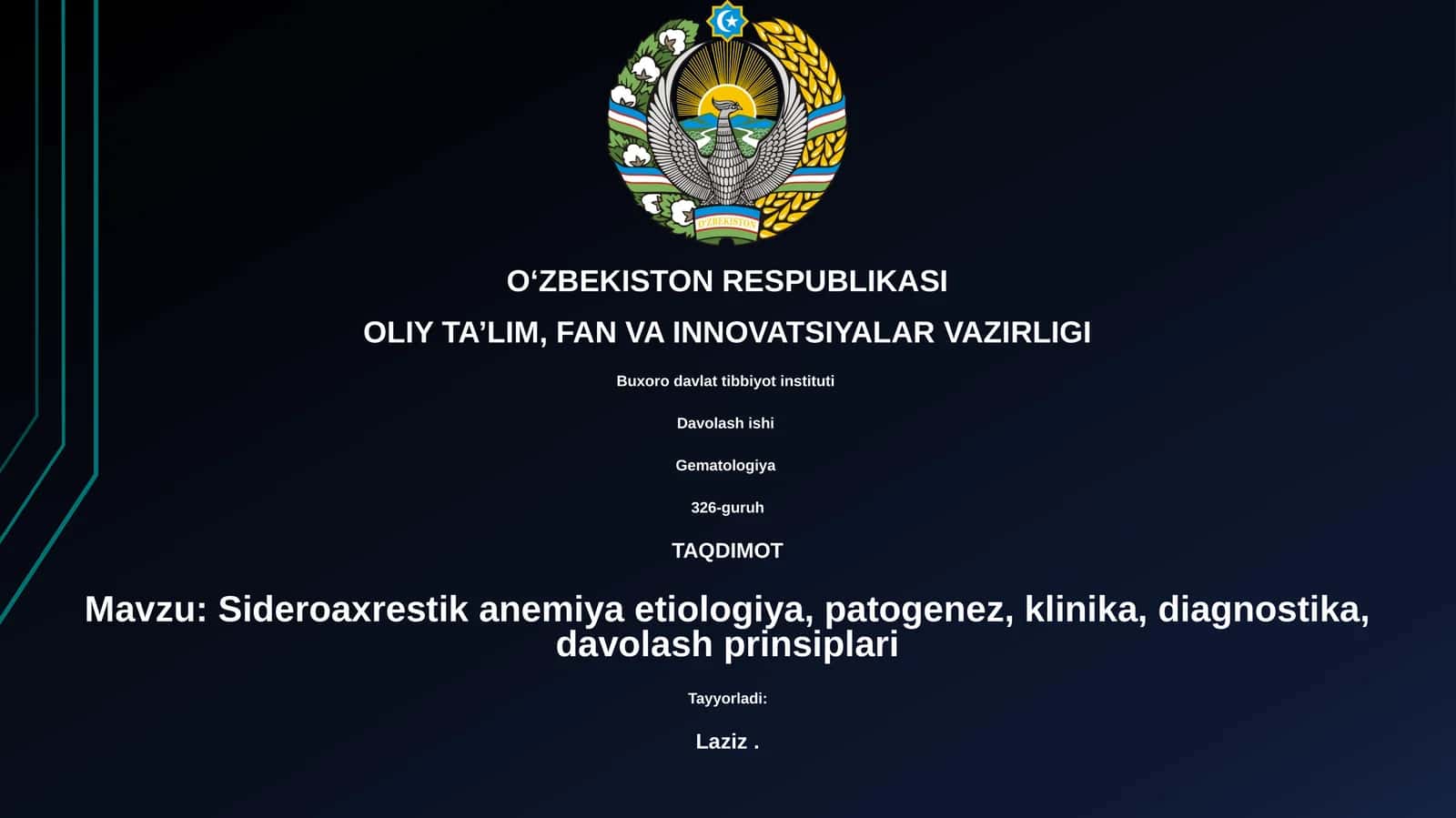 Sideroaxrestik anemiya etiologiya, patogenez, klinika, diagnostika, davolash prinsiplari