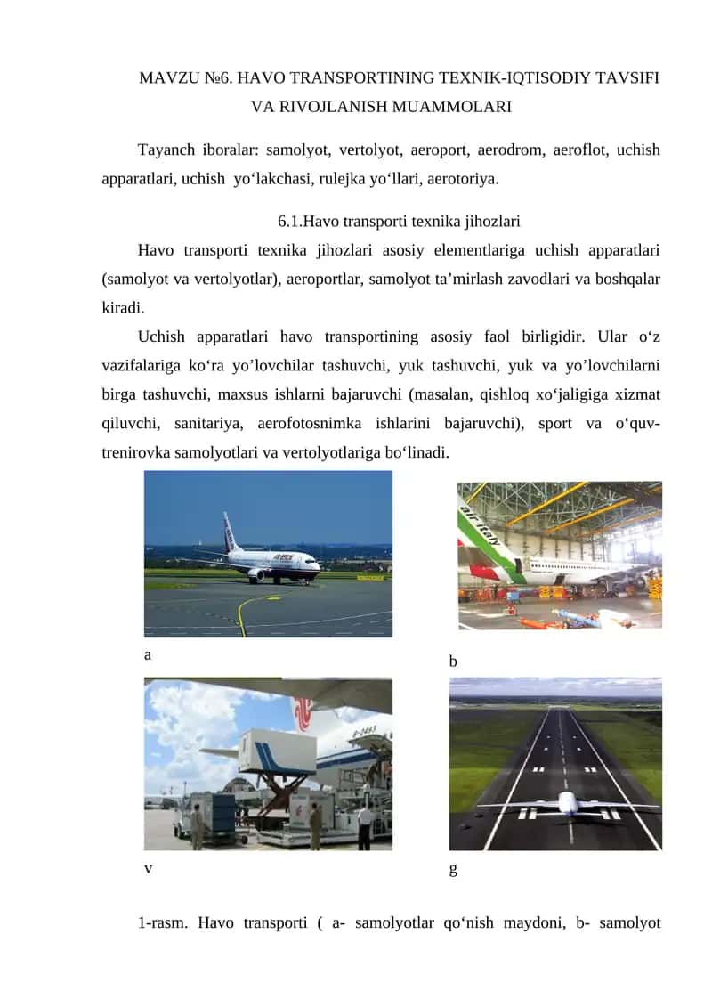 HАVO TRАNSPORTINING TEXNIK-IQTISODIY TАVSIFI VА RIVOJLАNISH MUАMMOLАRI