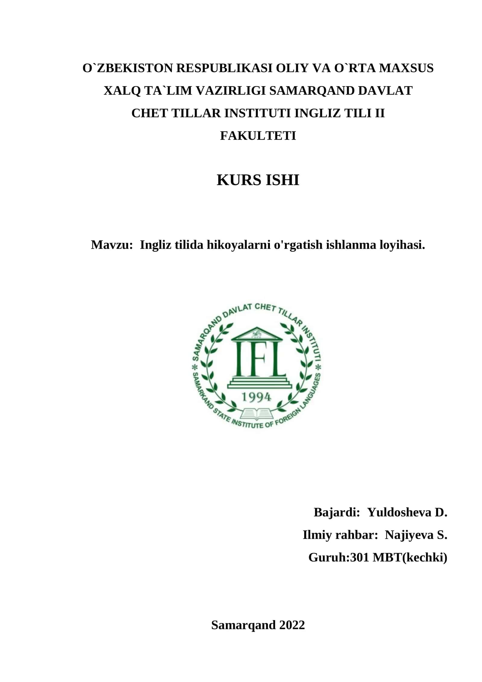 Ingliz Tilida Hikoyalarni O'rgatish Ishlanma Loyihasi