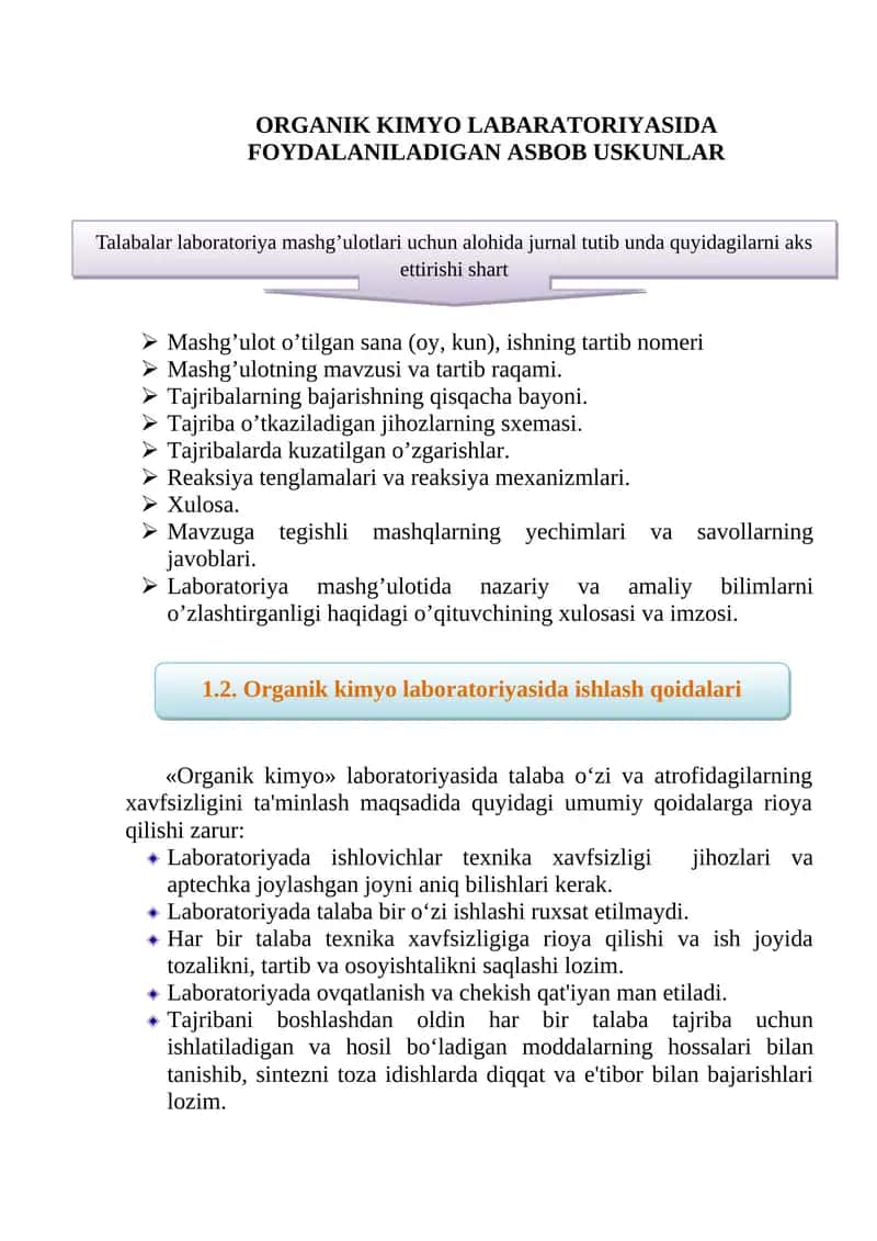 ORGANIK KIMYО LABARATORIYАSIDA FOYDALANILADIGAN ASBOB USKUNLAR